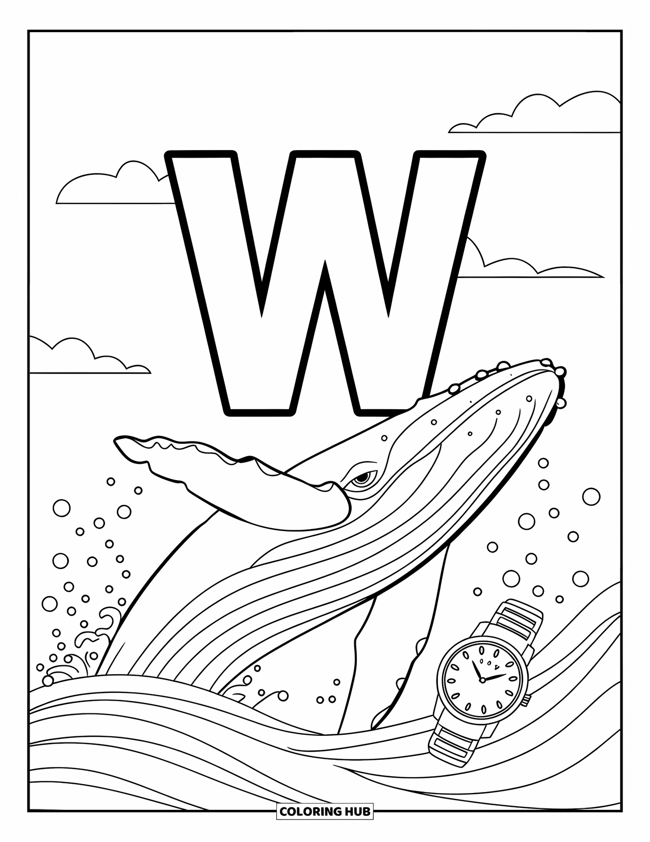 Letter W Coloring Page for Kids: Letter "W" rests in the sea as a whale leaps and a watch floats nearby