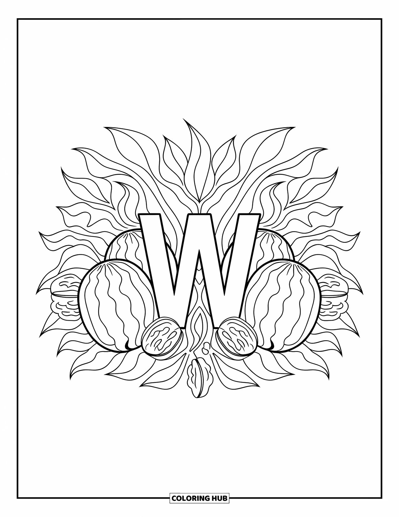 Letter W Coloring Page for Kids: Letter "W" surrounded by symmetrical walnuts, watermelons, and waving leaves