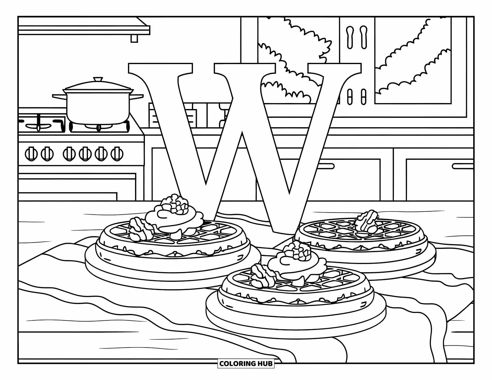 Letter W Coloring Page for Kids: Three waffles with cream and walnuts rest on a table in a warm kitchen