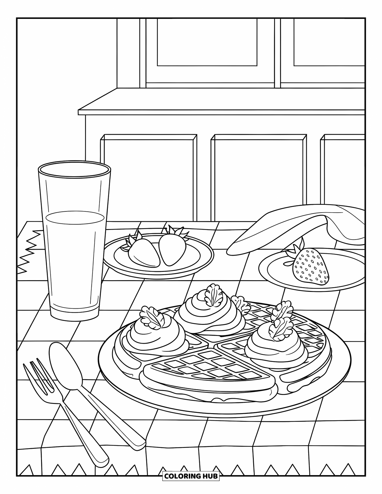Letter W Coloring Page for Kids: Waffles, whipped cream, and walnuts rest on a checkered table beside juice