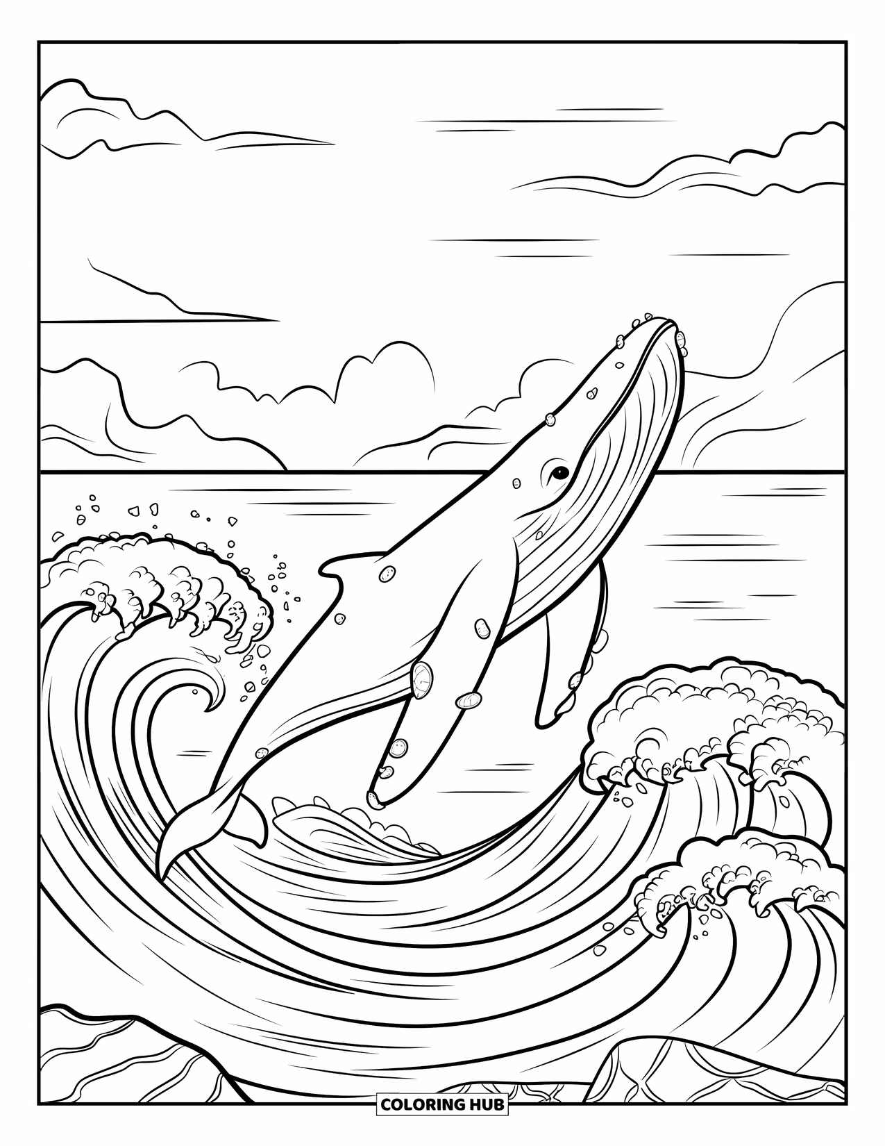 Letter W Coloring Page for Kids: Waves crash as a barnacled whale jumps under a cloudy sky