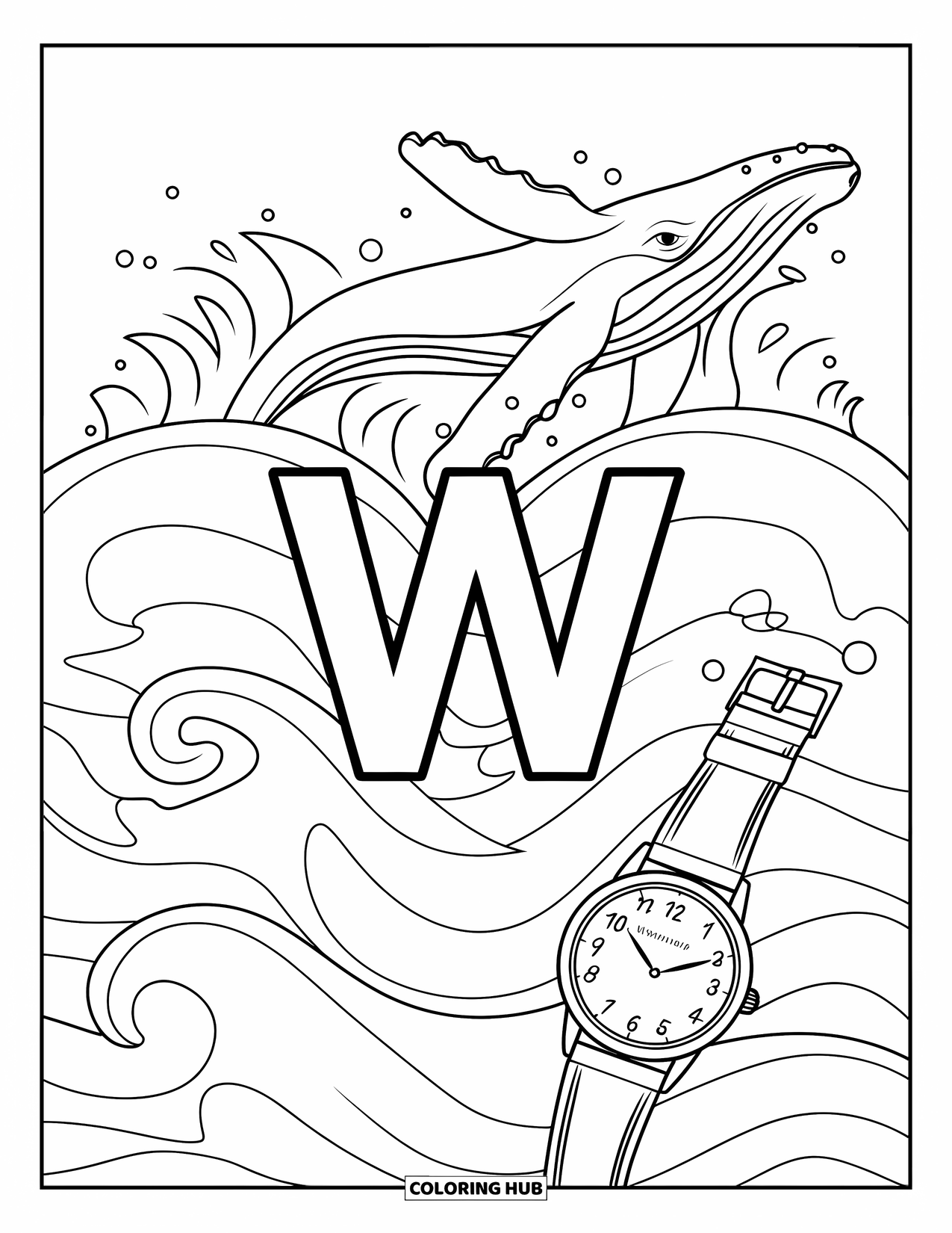 Letter W Coloring Page for Kids: Whale and watch float above waves near the letter "W"