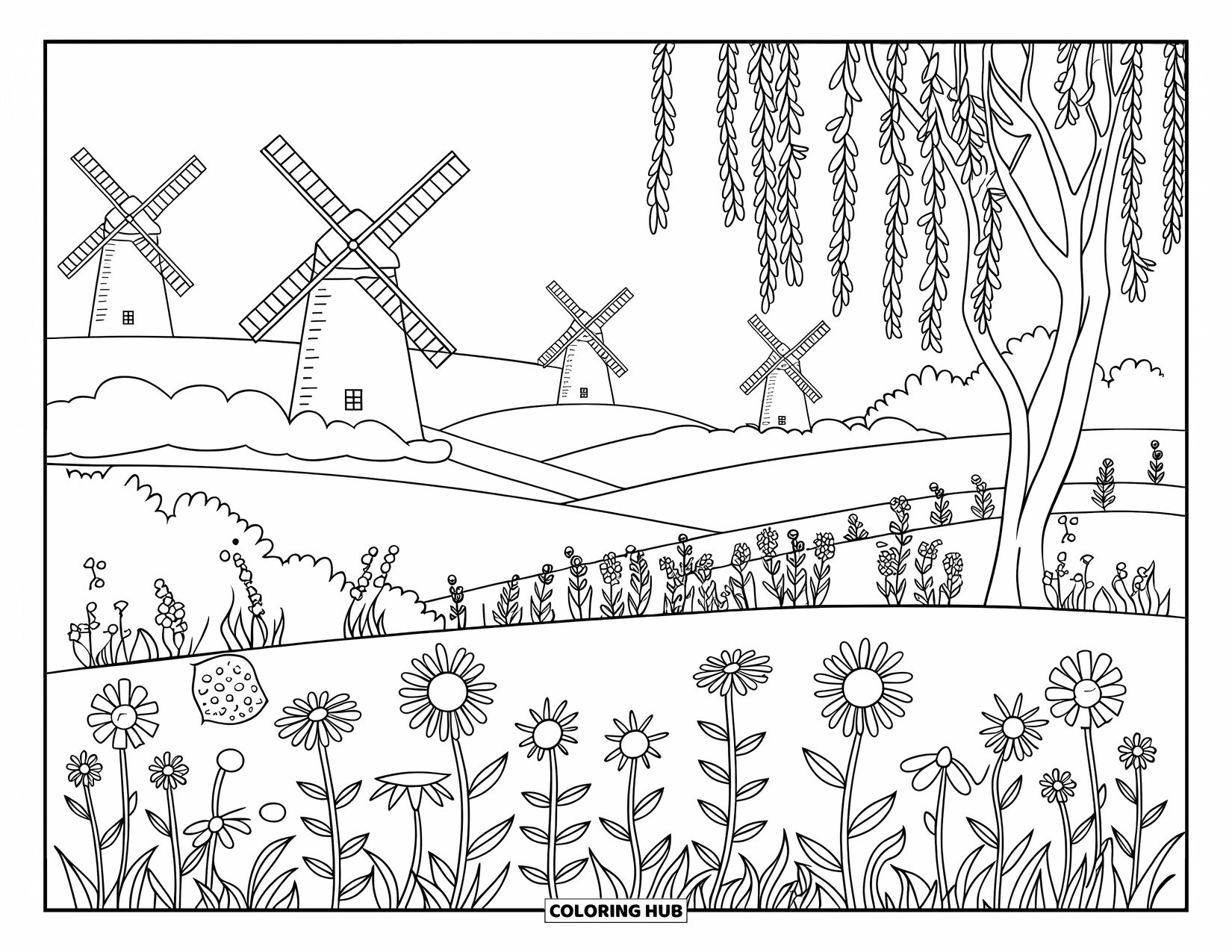 Letter W Coloring Page for Kids: Windmills and wildflowers fill a breezy field beneath graceful willow trees