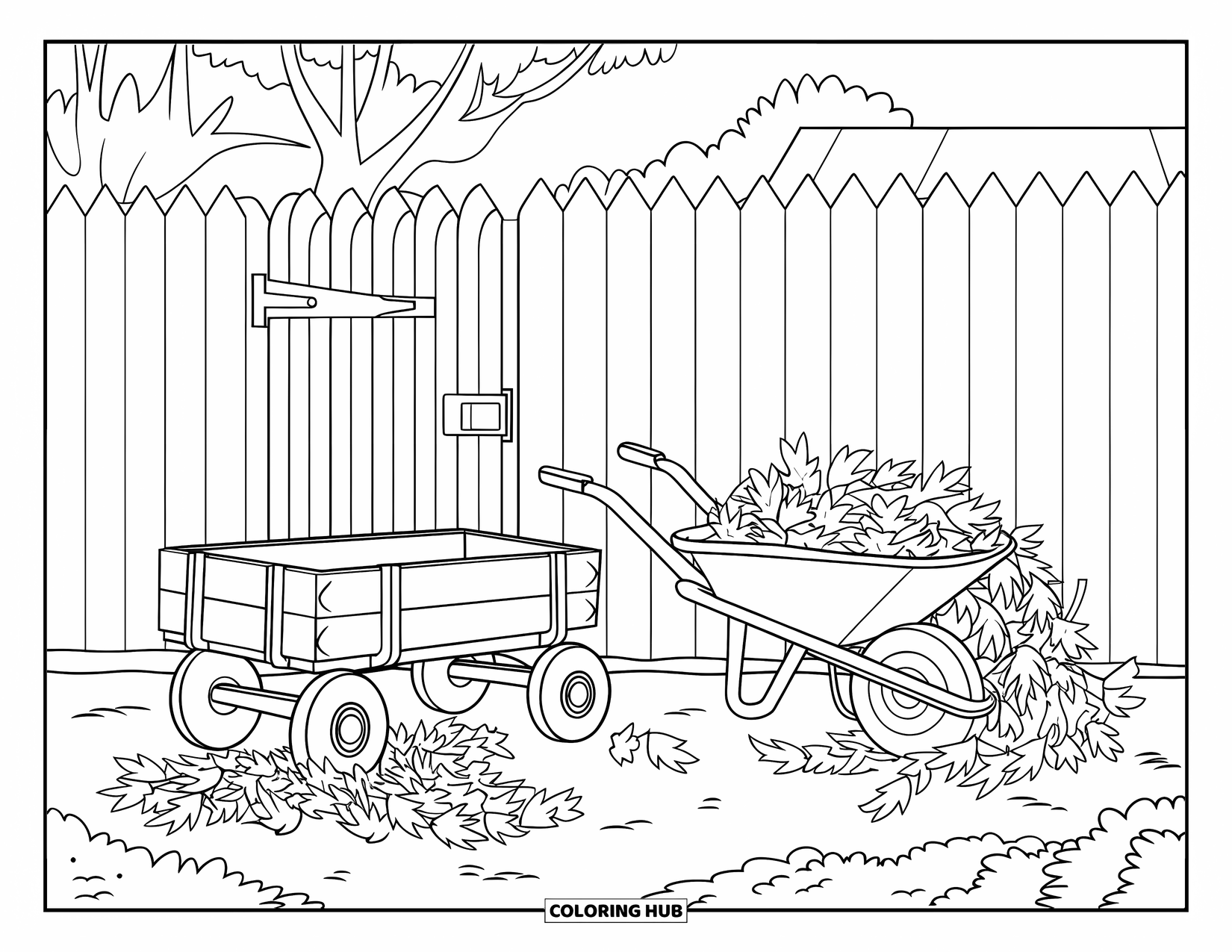 Letter W Coloring Page for Kids: Windy leaves swirl near a wagon and wheelbarrow in a backyard with trees