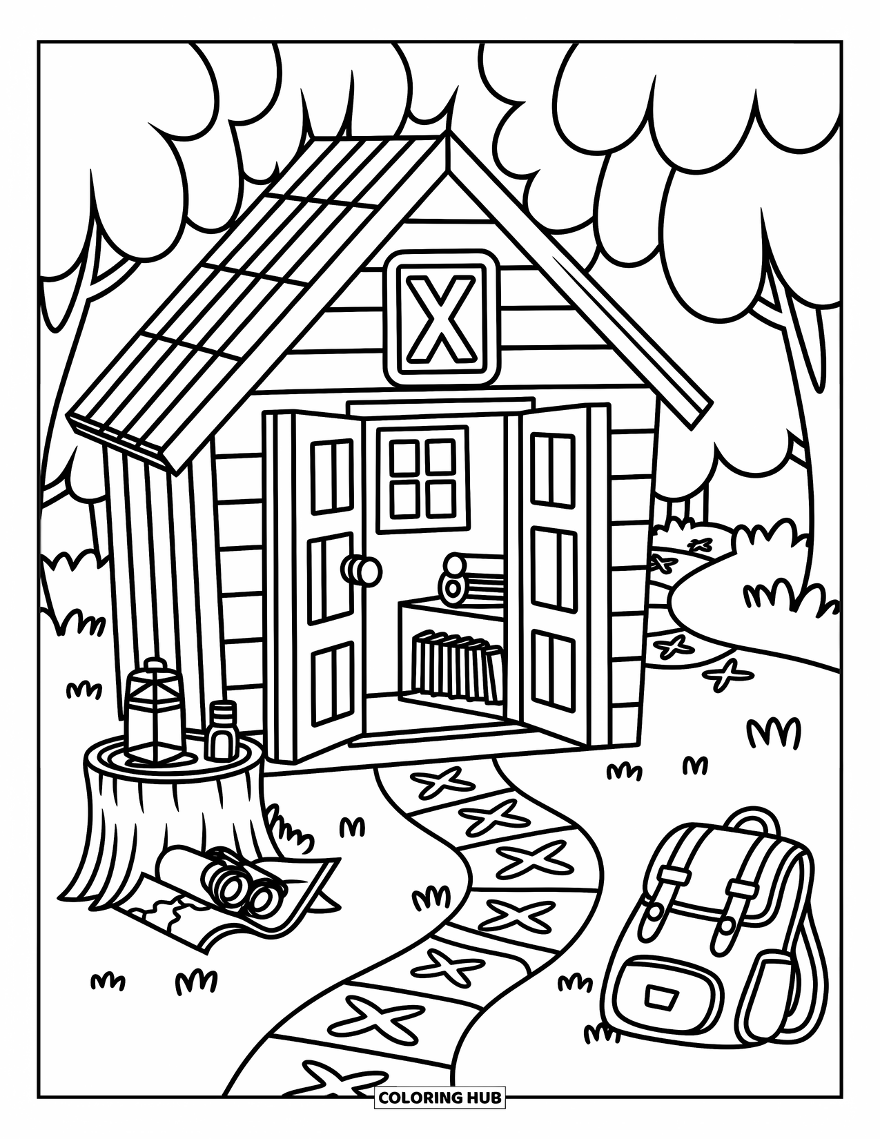 Letter X Coloring Page for Adults: A cozy explorer's cabin with an X sign and a path marked with playful Xs