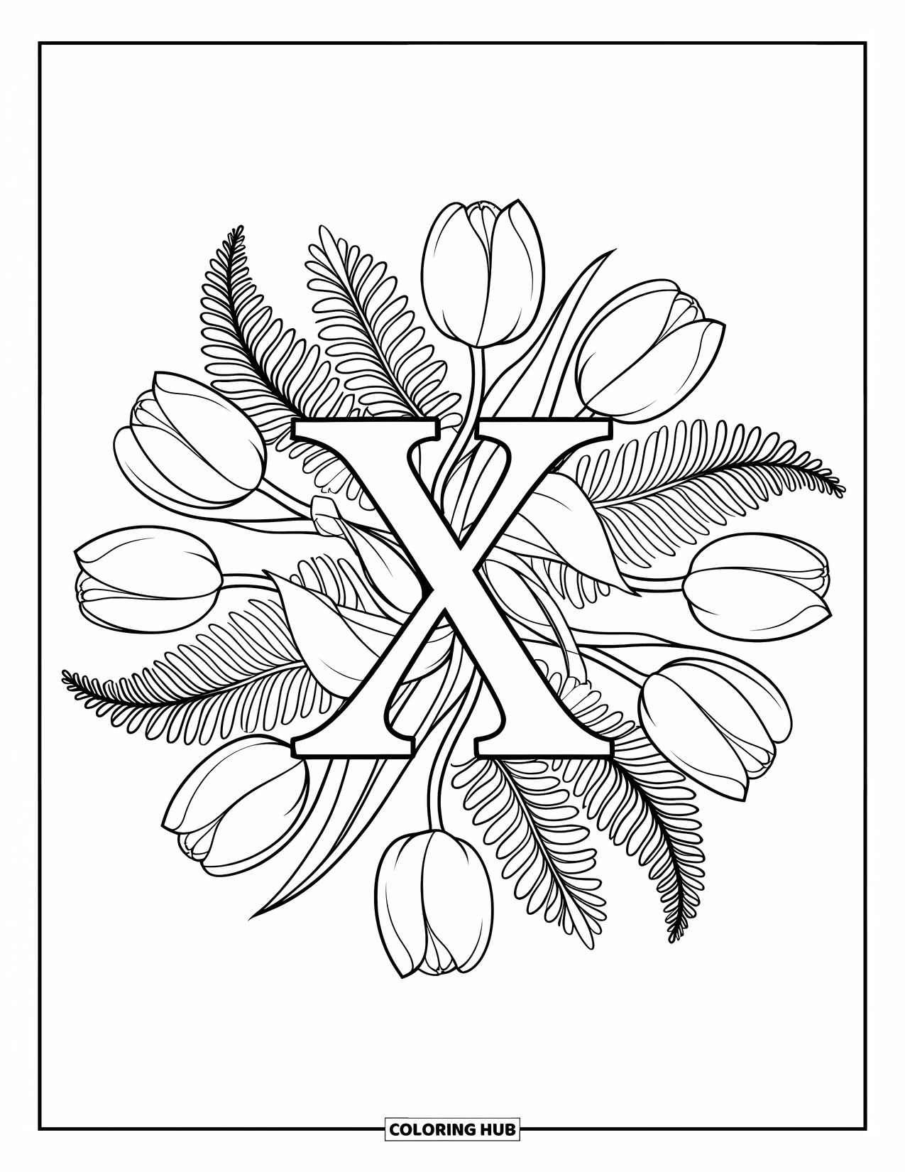 Letter X Coloring Page for Adults: Botanical mandala of tulips and ferns spirals around the letter X