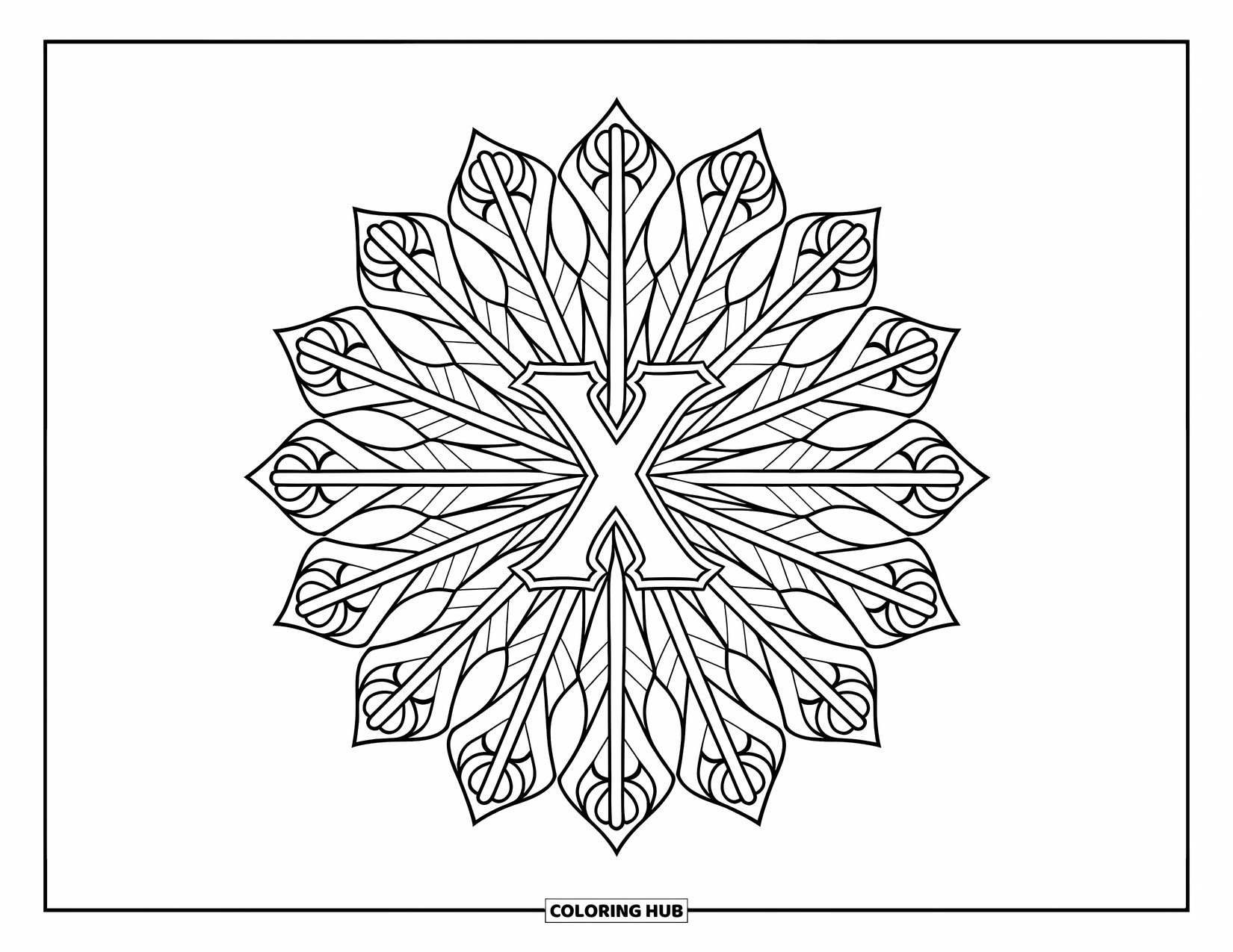 Letter X Coloring Page for Adults: Centered X glows within a symmetrical floral stained glass pattern