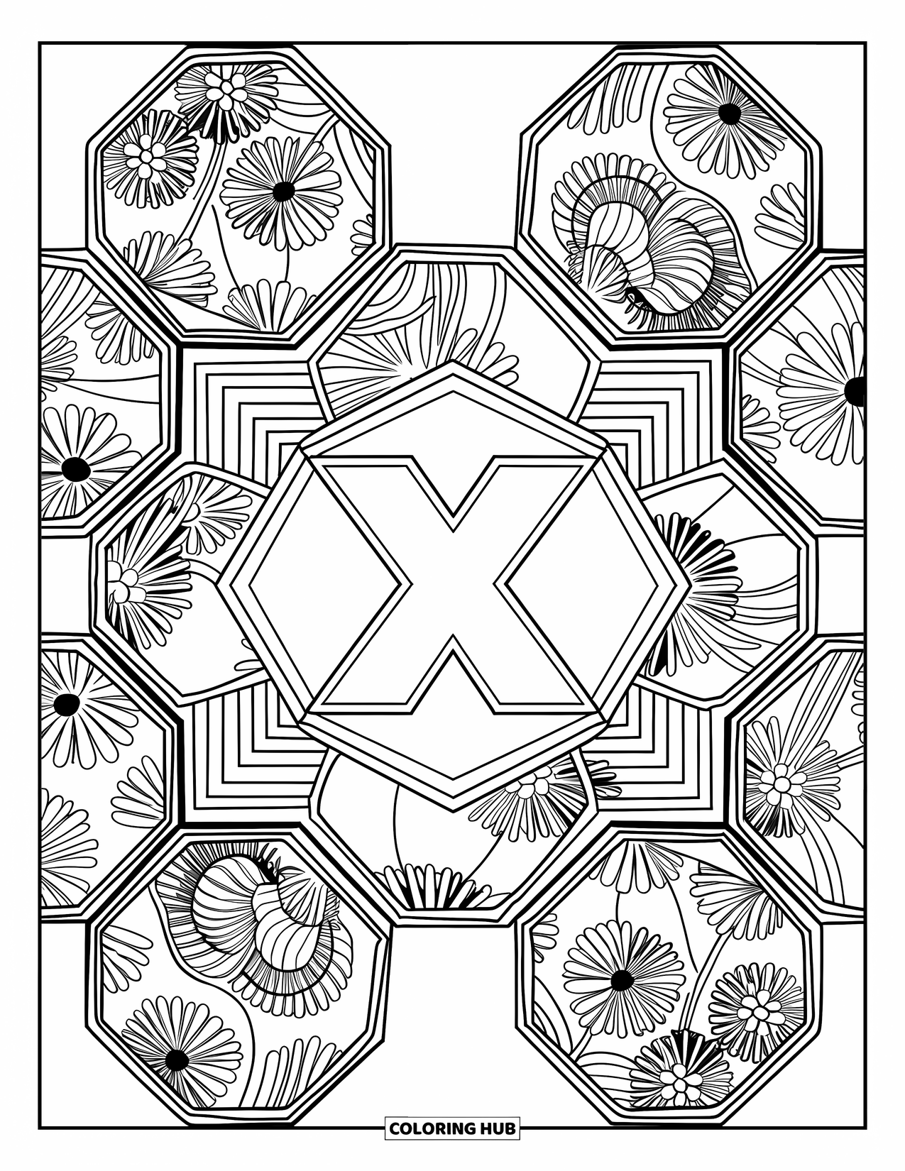 Letter X Coloring Page for Adults: Centered X surrounded by stacked floral hexagon layers