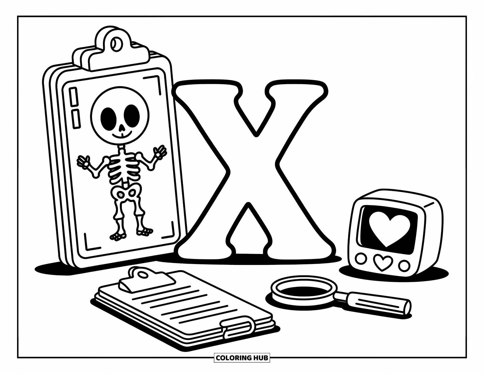 Letter X Coloring Page for Adults: Cute clinic scene with a bold X and a cartoon skeleton on a friendly x-ray display