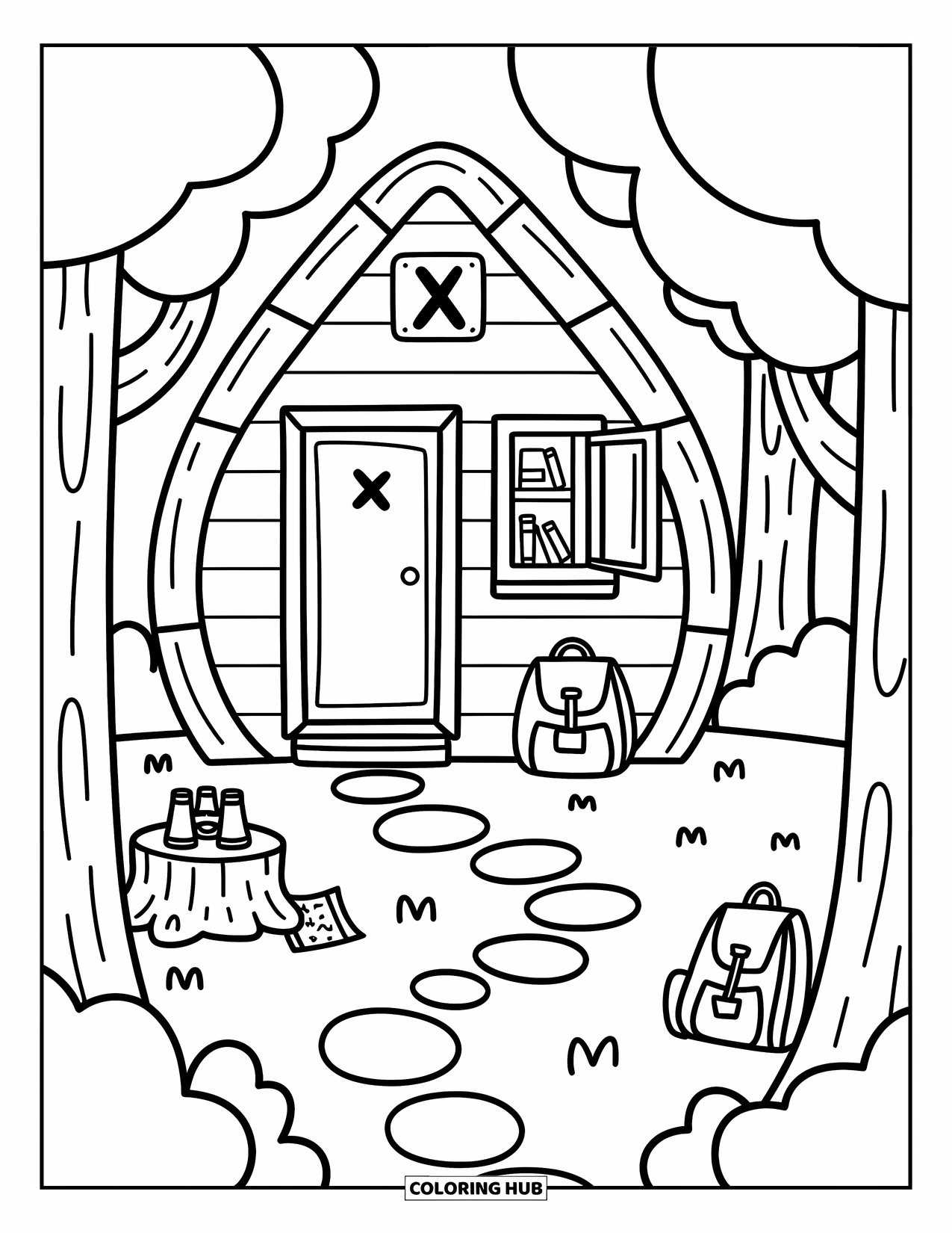 Letter X Coloring Page for Adults: Explorer cabin with an X sign, tiny tools, and a trail of X-shaped markers