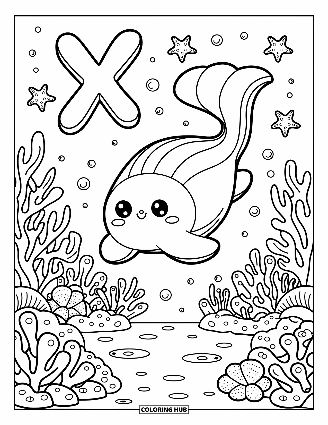 Letter X Coloring Page for Adults: Floating X over coral with a cute swordfish and playful sea plants