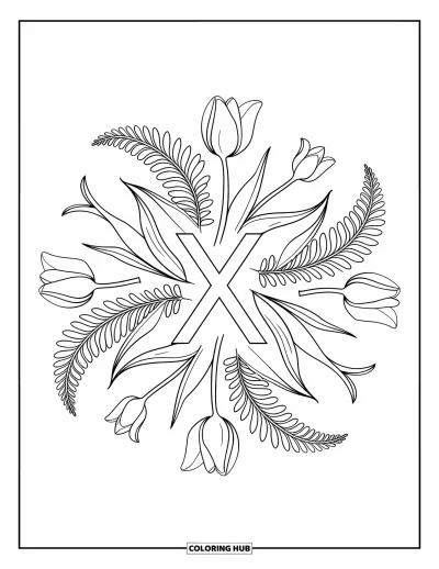 Yetişkinler için X harfi boyama sayfası: Merkezde yer alan X harfinin etrafında açan yapraklar ve lalelerden oluşan tam sayfa mandala