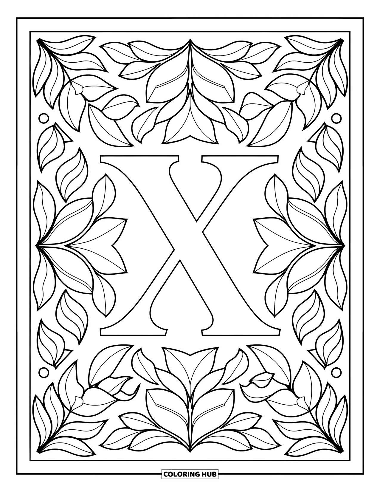 Letter X Coloring Page for Adults: Leafy geometric vines surround a large ornate X in a repeating design