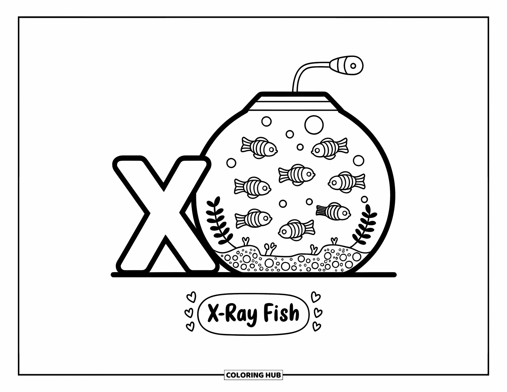 Letter X Coloring Page for Adults: Letter X with cheerful x-ray fish swimming among pebbles and heart-decorated signs