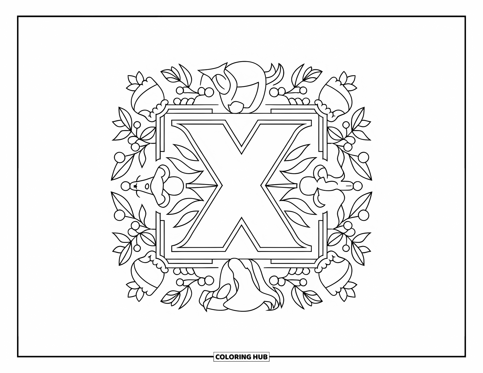 Letter X Coloring Page for Adults: Ornamental X with foxes, leaves, and berries creates a forest-themed design