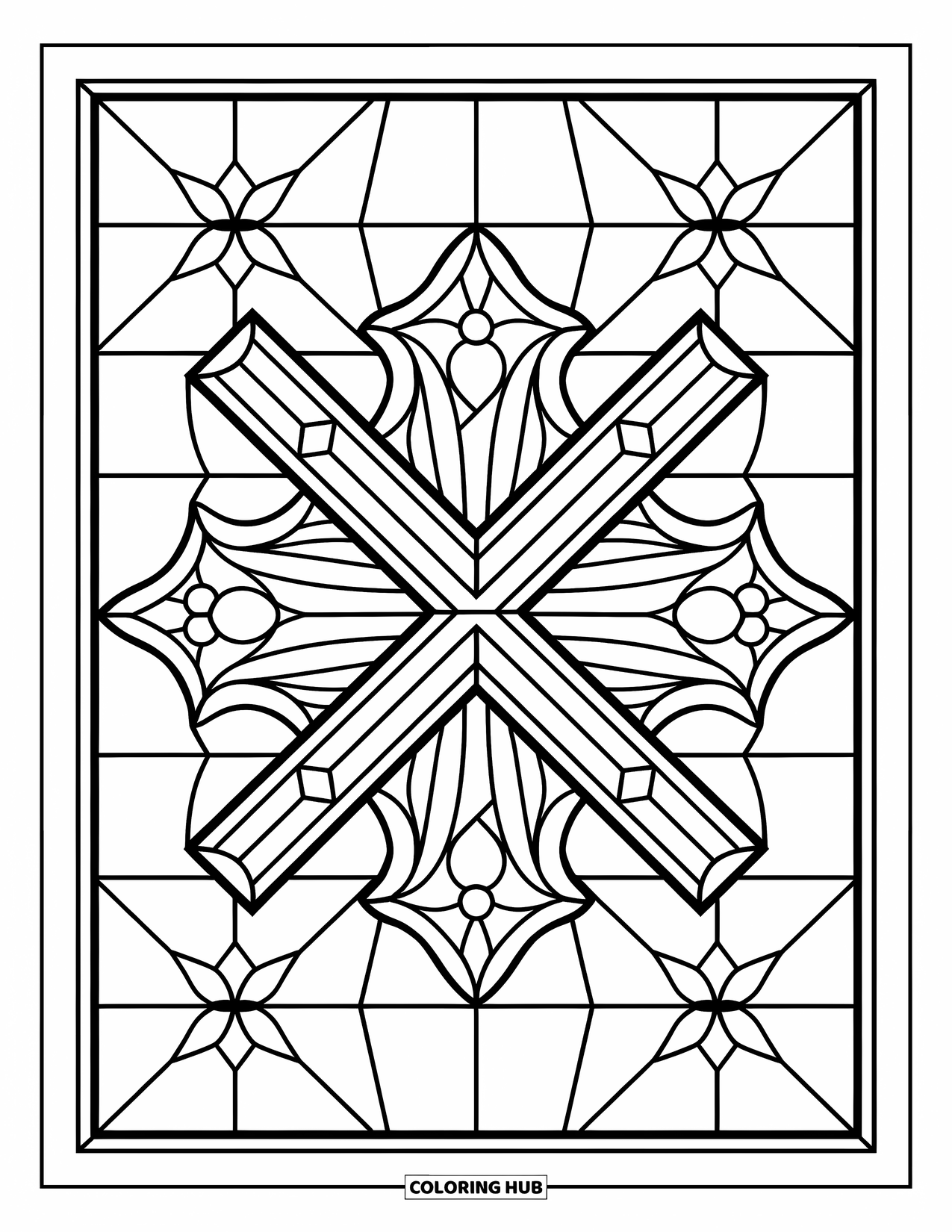 Letter X Coloring Page for Adults: Ornate X framed in starry and petal-shaped stained glass windows
