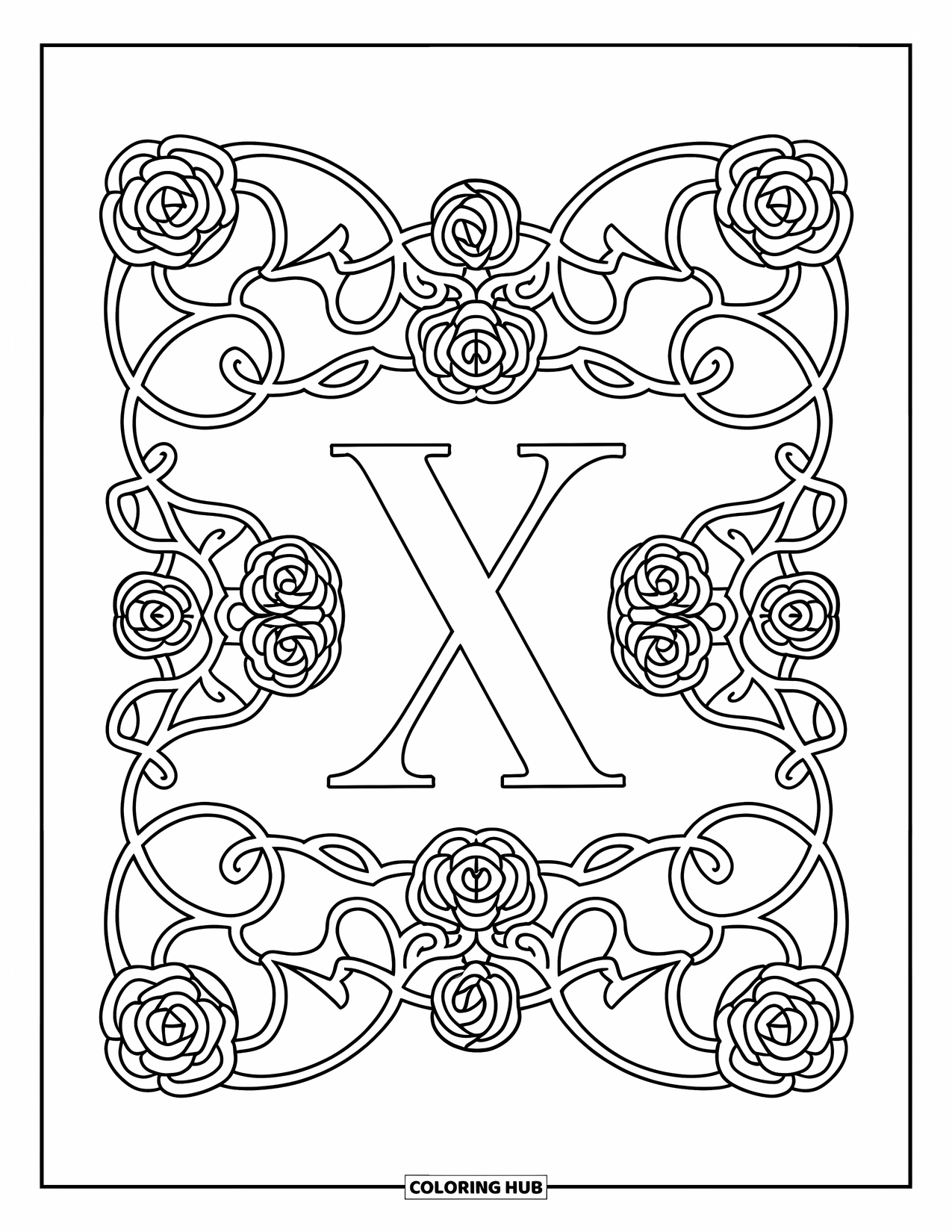 Letter X Coloring Page for Adults: Rose-covered vine mandalas spiral around a centered letter X