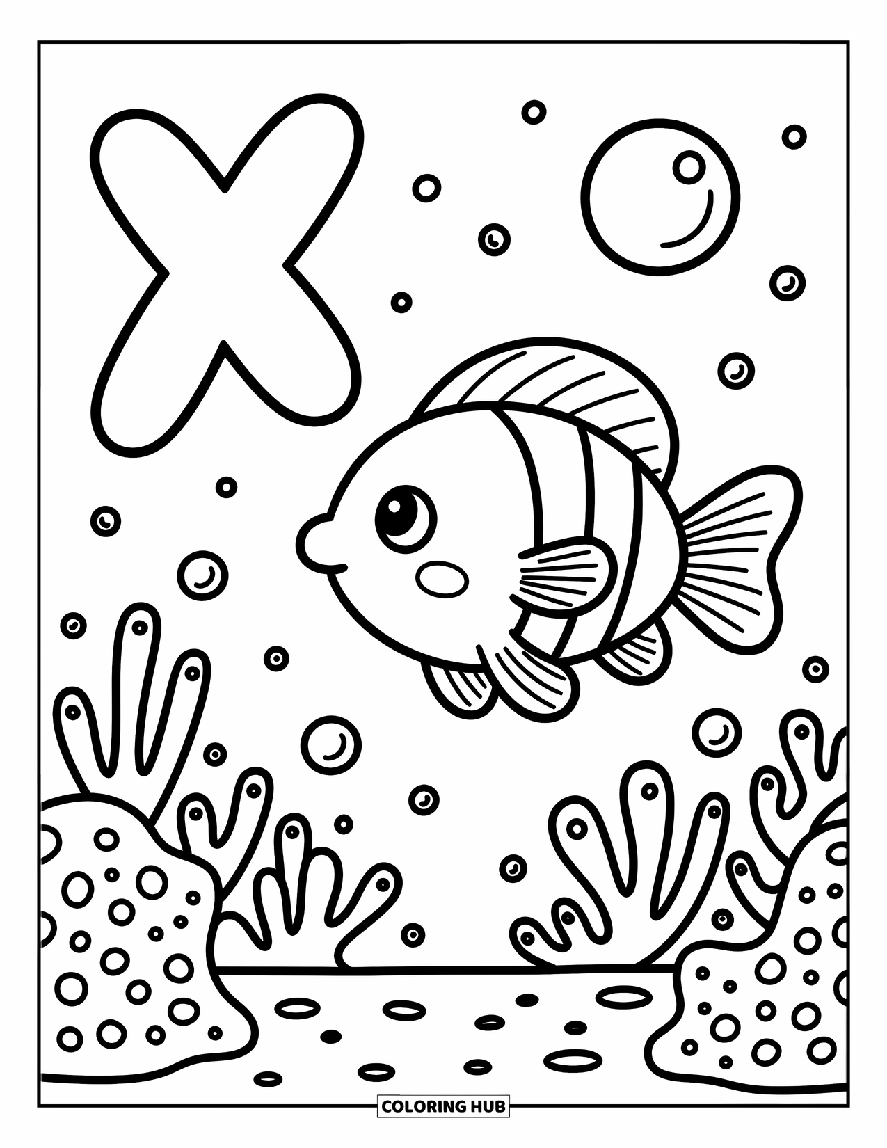Letter X Coloring Page for Adults: Underwater scene with a kawaii swordfish and floating letter X above coral