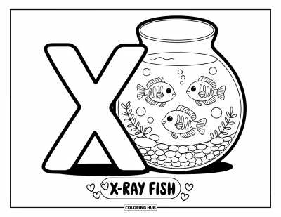 Yetişkinler için X harfi boyama sayfası: X harfi, minik taşlar ve kalp etiketli X-ray balıklarıyla dolu akvaryumun yanında