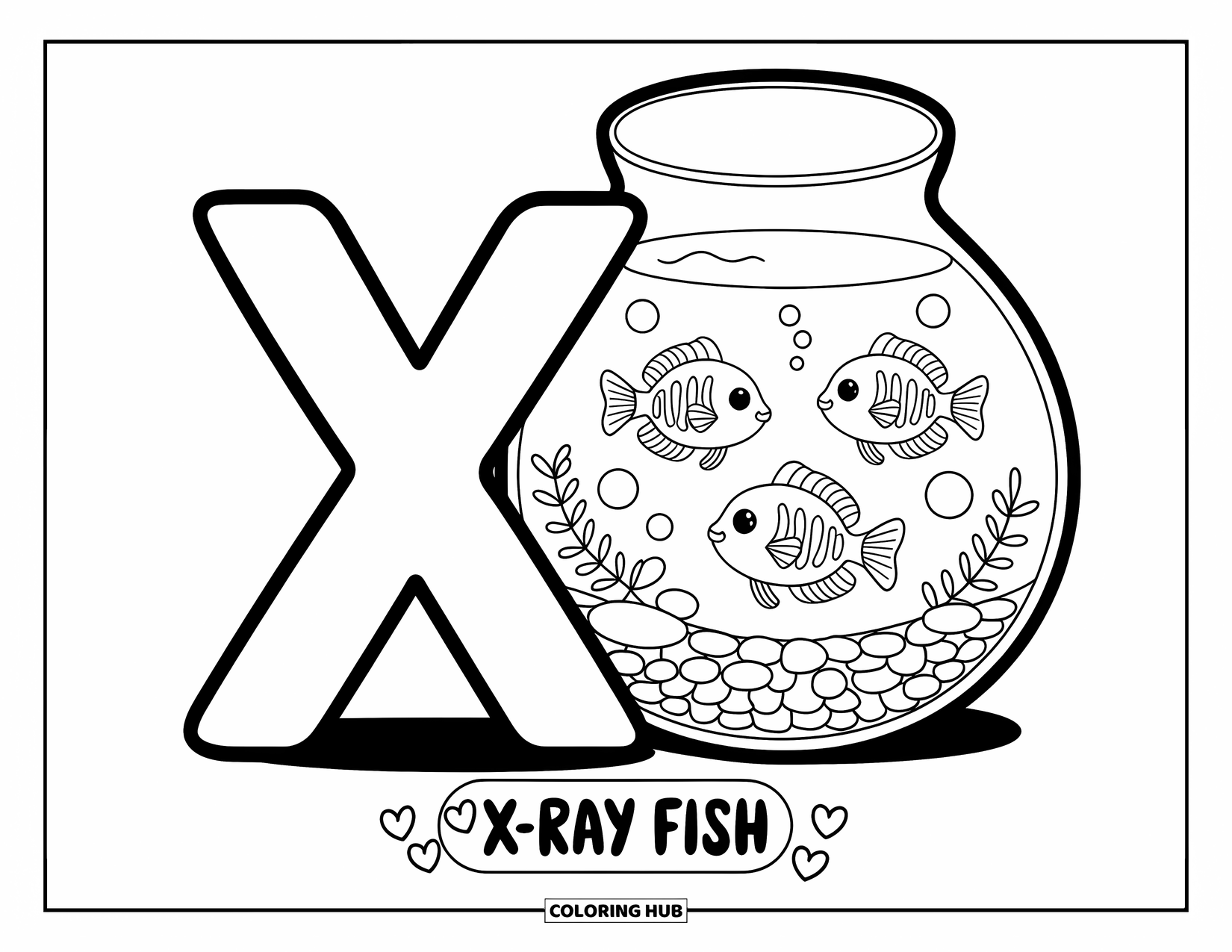 Letter X Coloring Page for Adults: X leans near a tank of happy x-ray fish with tiny pebbles and heart labels