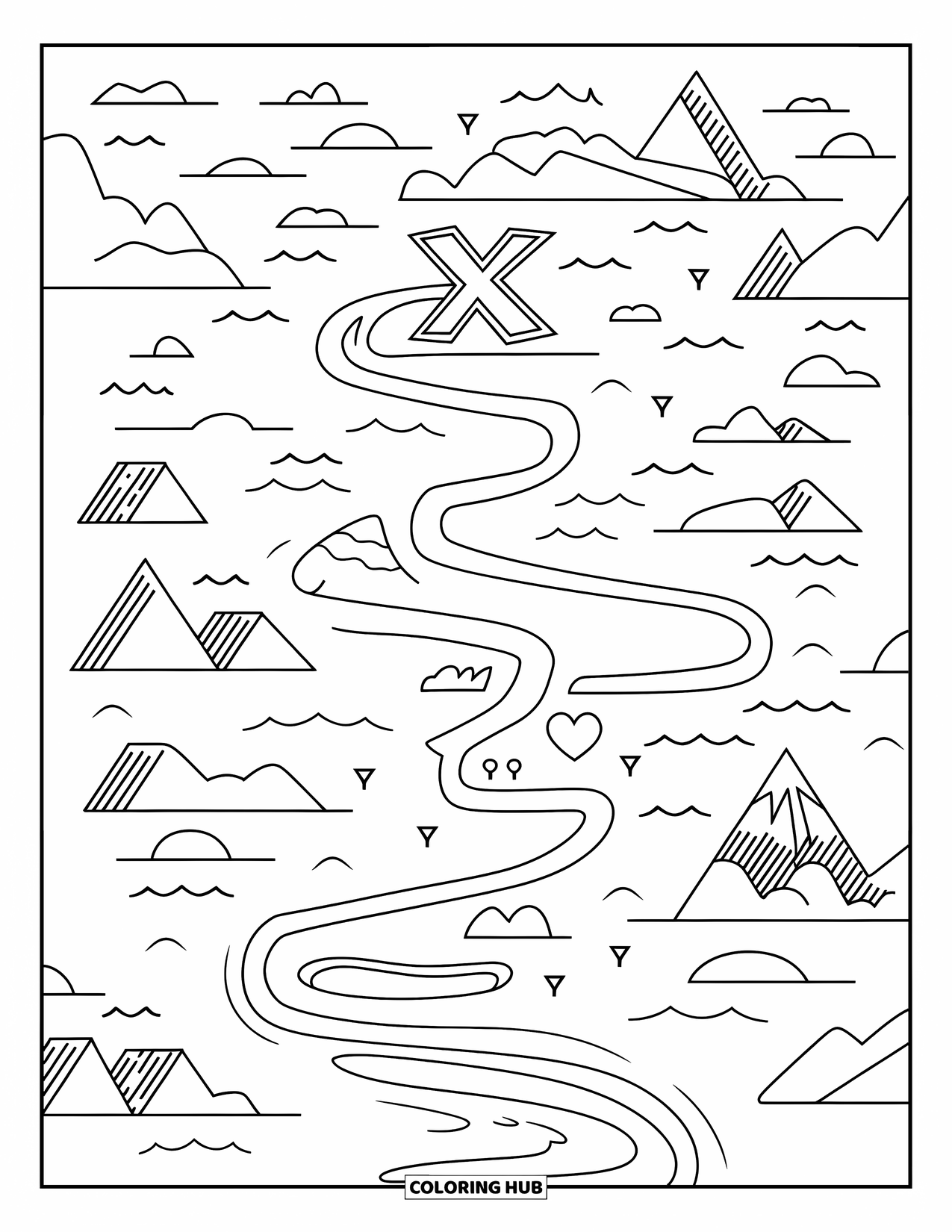 Letter X Coloring Page for Kids: Adventure map with winding trails and a treasure-marking X