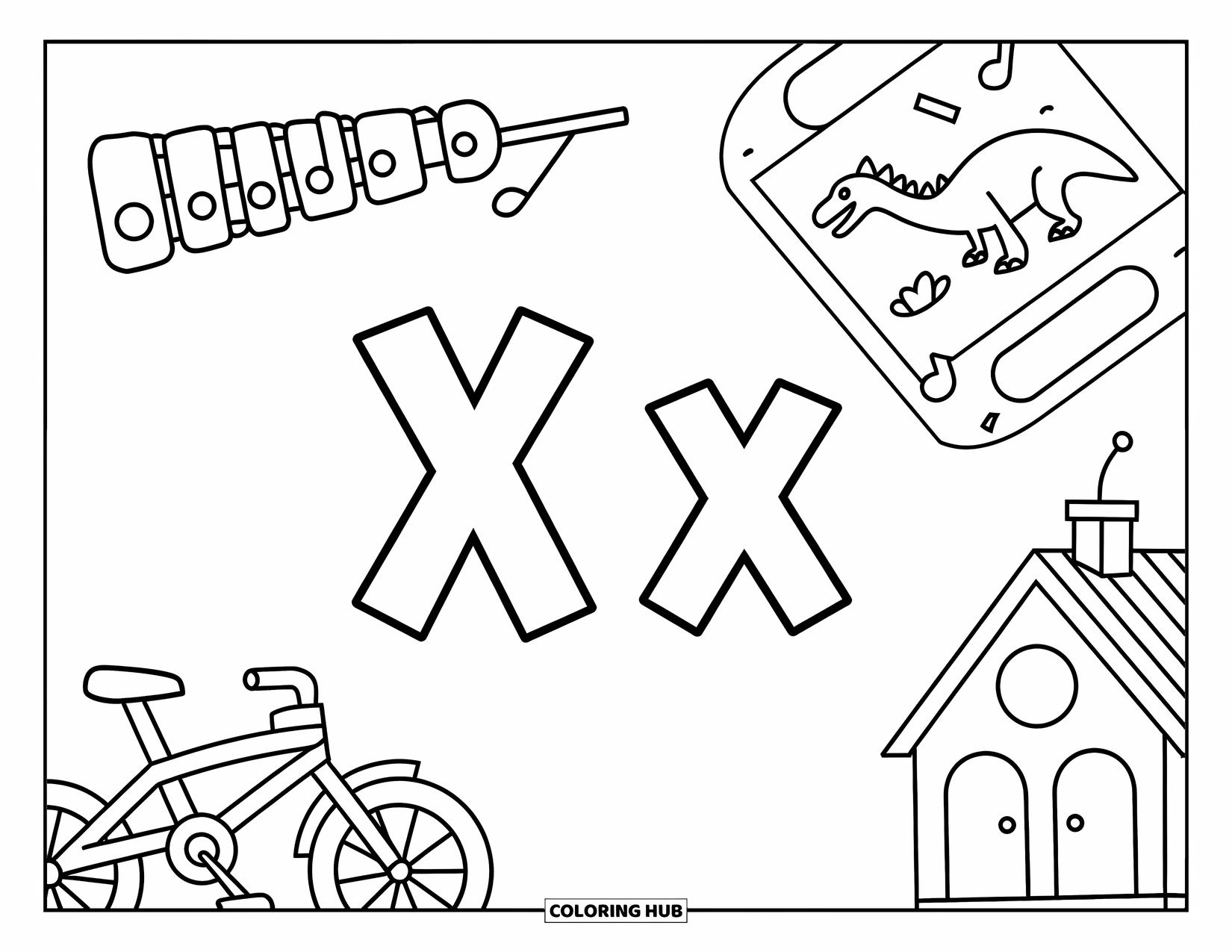 Letter X Coloring Page for Kids: Big X and little x with a xylophone, dinosaur X-ray, bike, and chocolate bar