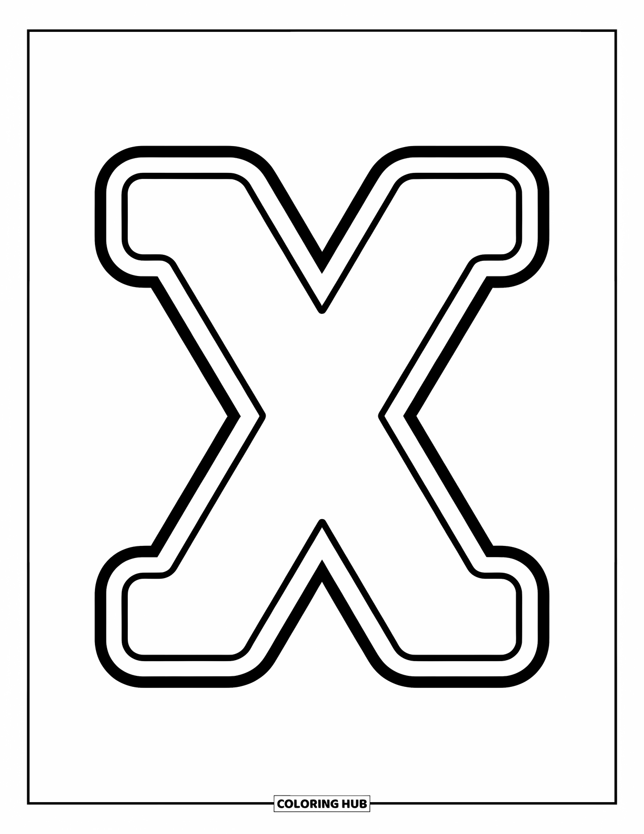 Letter X Coloring Page for Kids: Bold uppercase X centered and cheerful, ready for preschool coloring