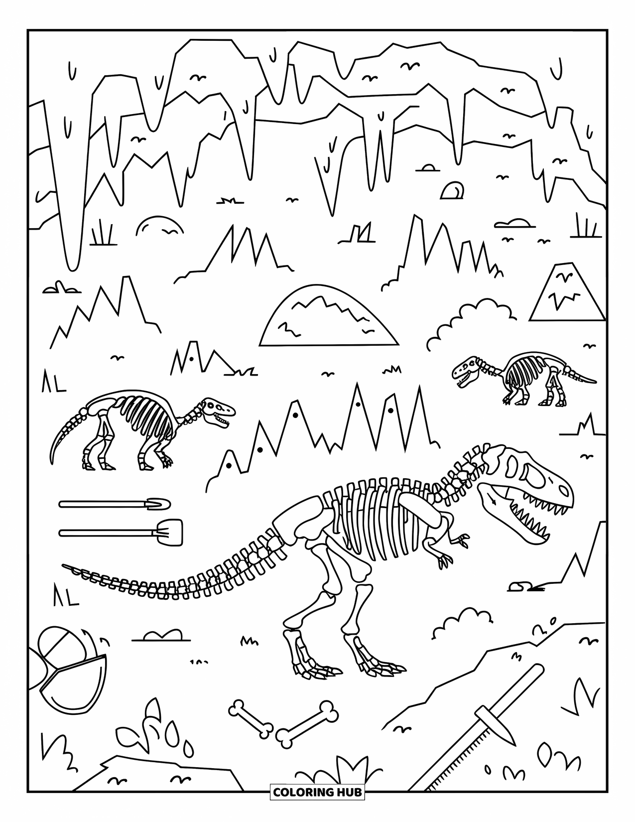 Letter X Coloring Page for Kids: Cave filled with dino fossils, bones, and paleontology gear