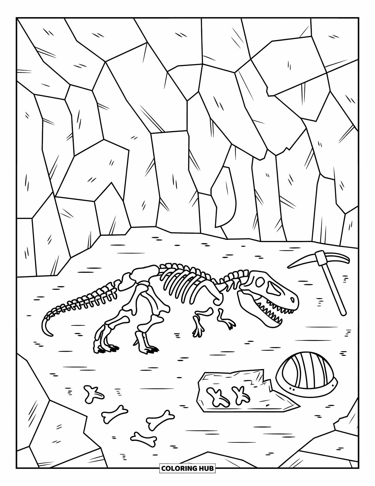 Letter X Coloring Page for Kids: Cave scene with a T-Rex fossil, tools, and rock details