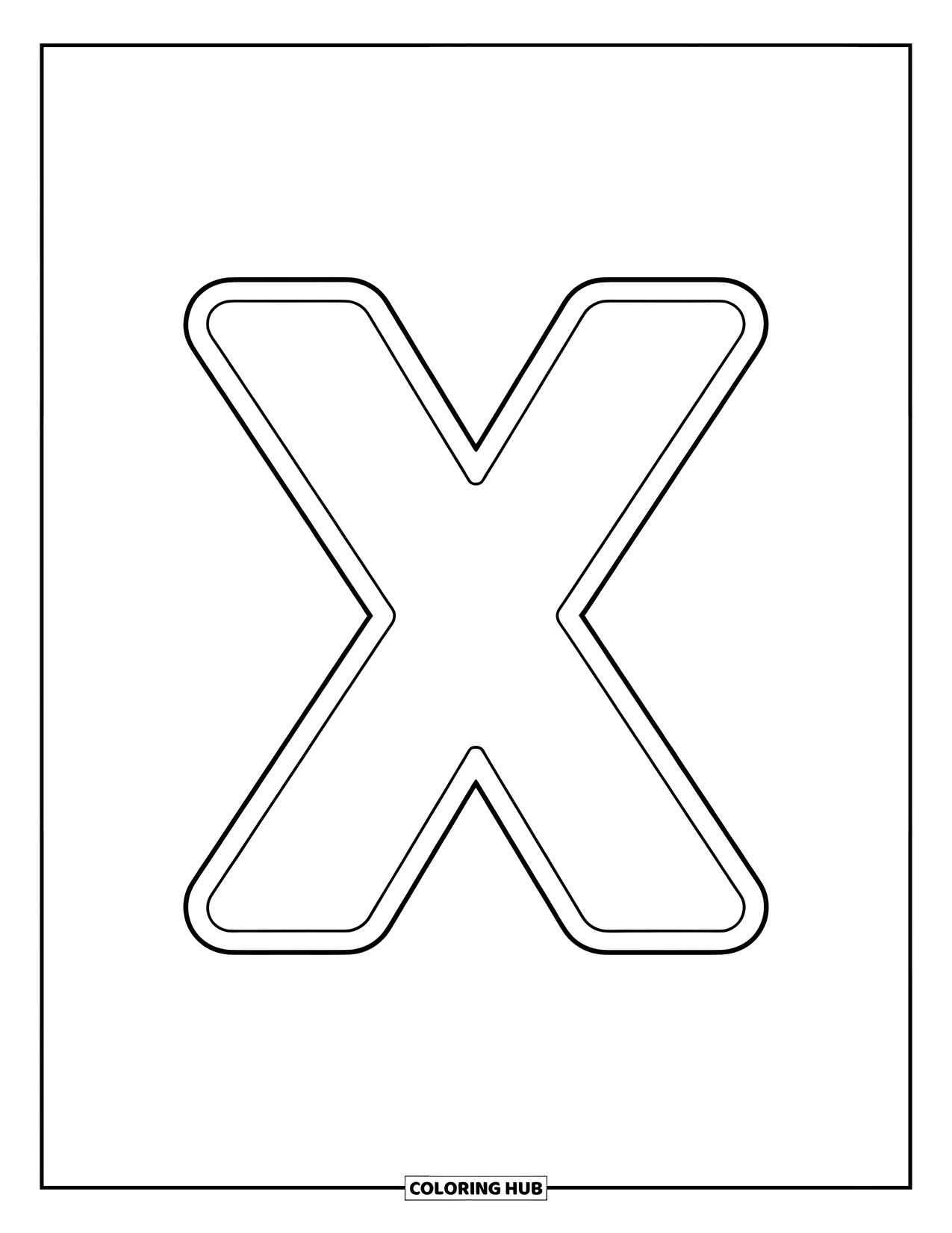 Letter X Coloring Page for Kids: Centered bold uppercase X with large, easy-to-color sections