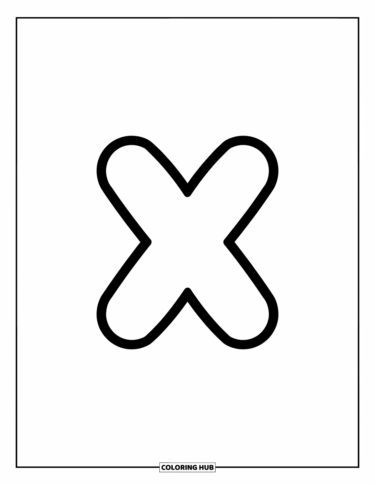 Letter X Coloring Page for Kids: Centered lowercase x in a thick outline, simple and playful