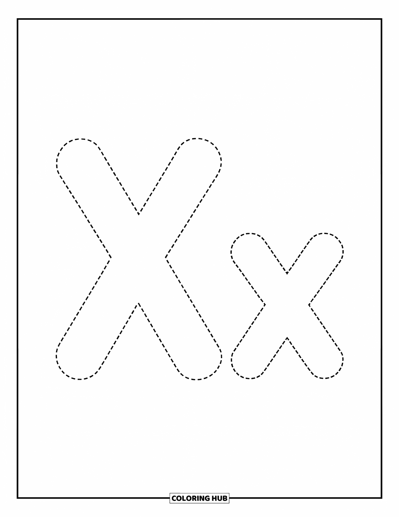 Letter X Coloring Page for Kids: Dotted uppercase and lowercase X perfect for preschool tracing practice