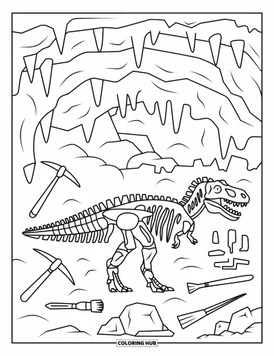 Çocuklar için X harfi boyama sayfası: T-Rex fosili ve paleontoloji aletleriyle yeraltı kazı sahnesi