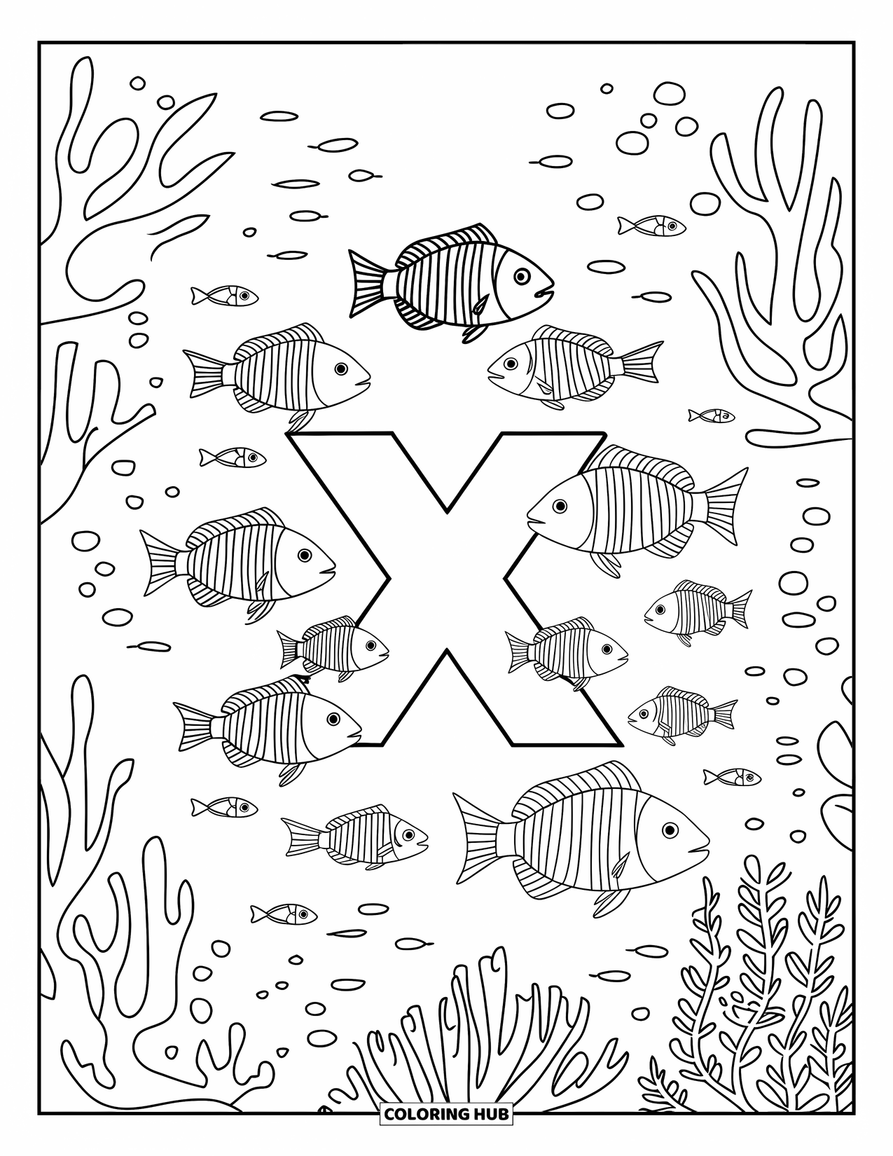 Letter X Coloring Page for Kids: Underwater coral scene with X-ray fish around the letter X