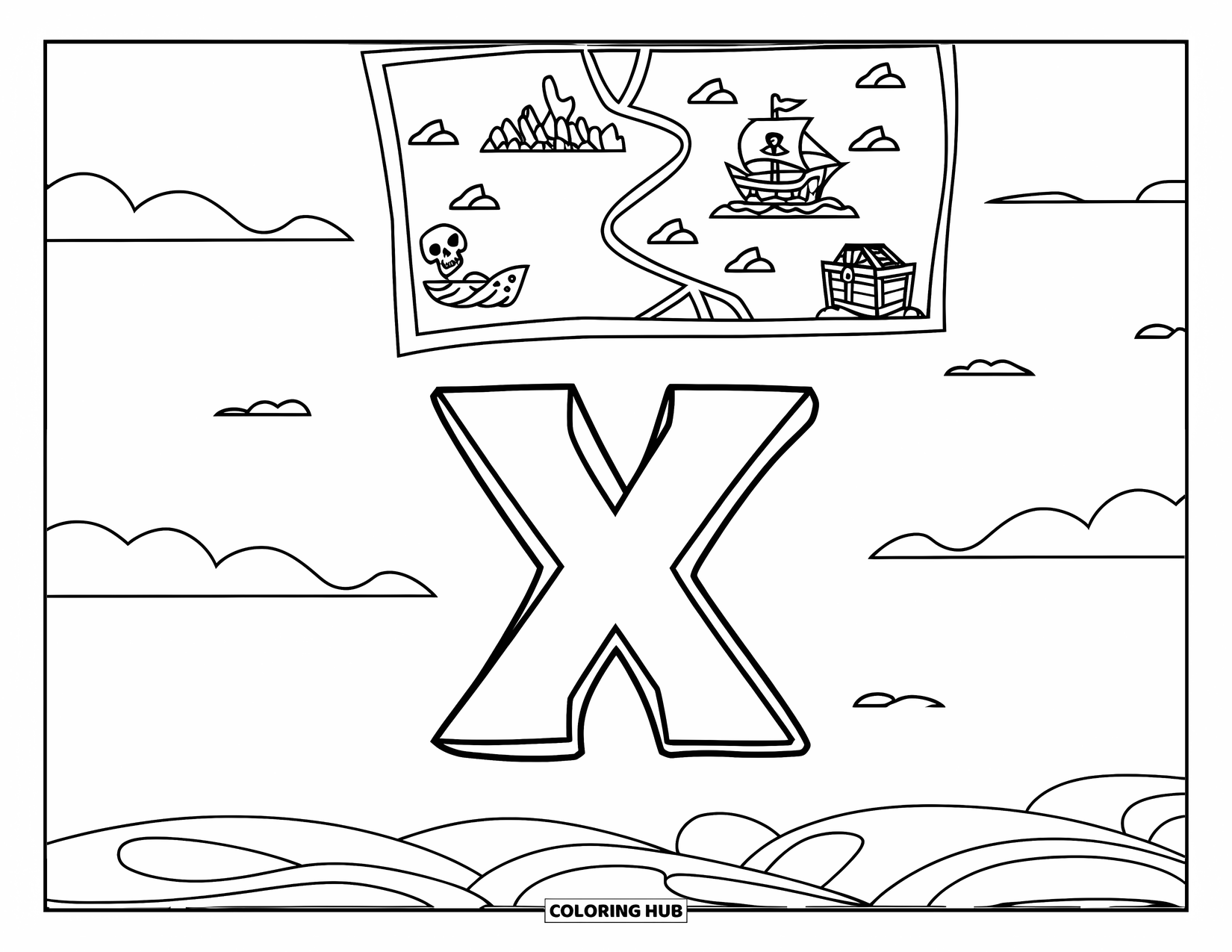 Letter X Coloring Page for Kids: X and treasure map with trails, chest, and pirate ship