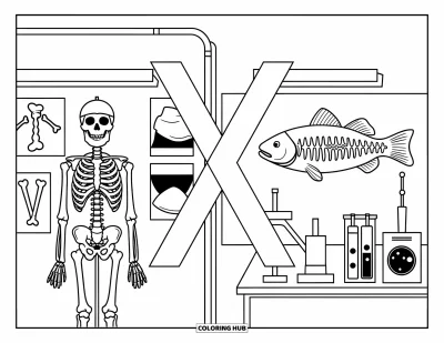 Çocuklar için X harfi boyama sayfası: X harfinin etrafında kemikler, balıklar ve bilimsel ekipmanlarla dolu X-ray laboratuvarı