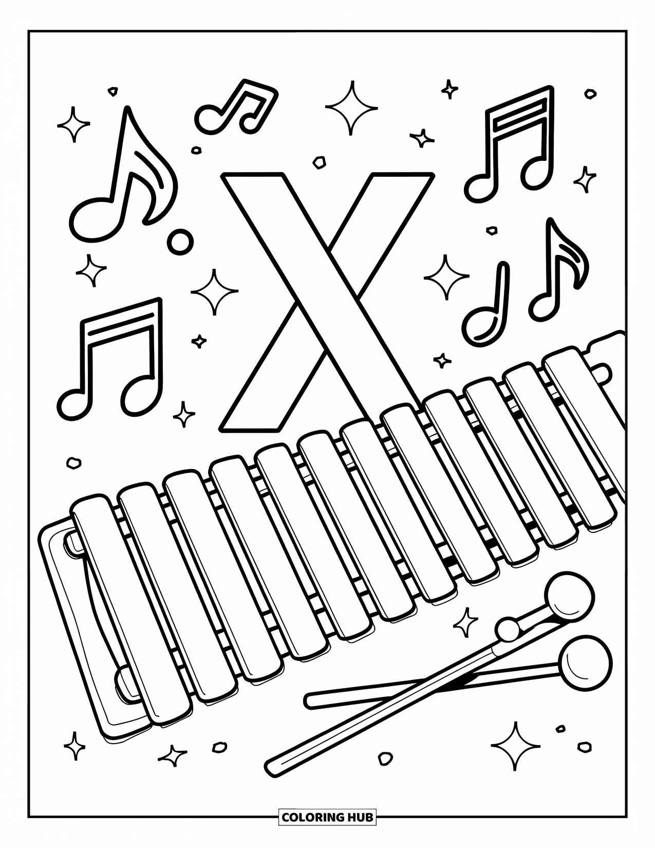 Letter X Coloring Page for Kids: X surrounded by a wooden xylophone and scattered mallets