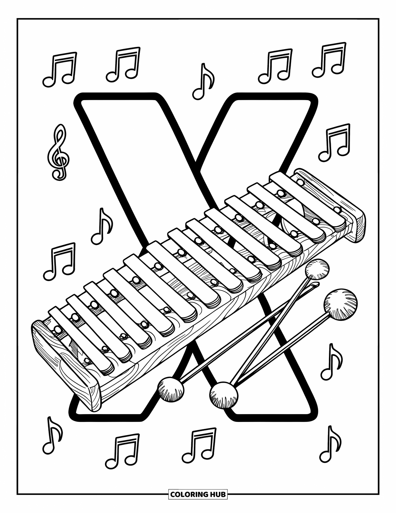 Letter X Coloring Page for Kids: X with a detailed xylophone, musical notes, and mallets