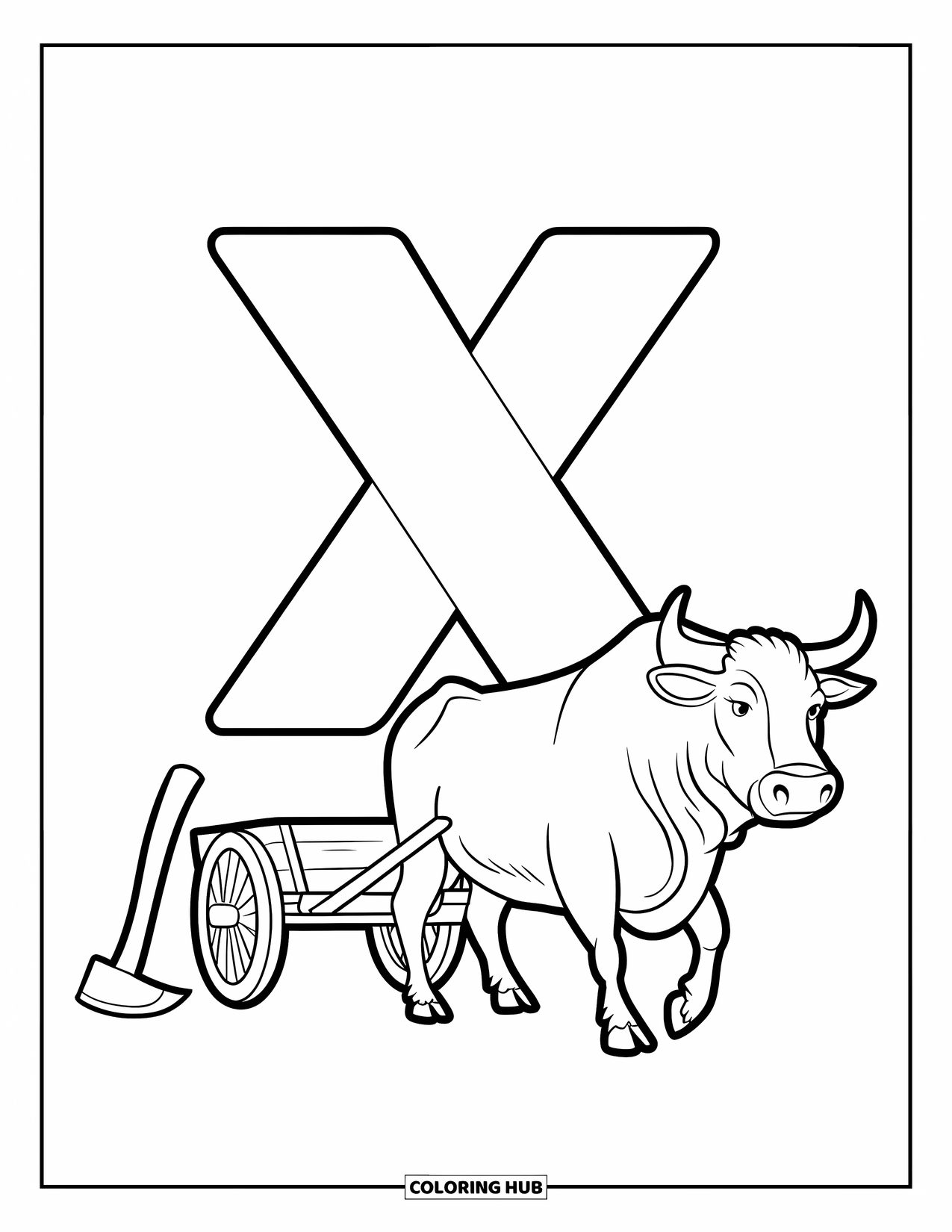 Letter X Coloring Page for Kids: X with an ox, wooden cart, and a resting axe
