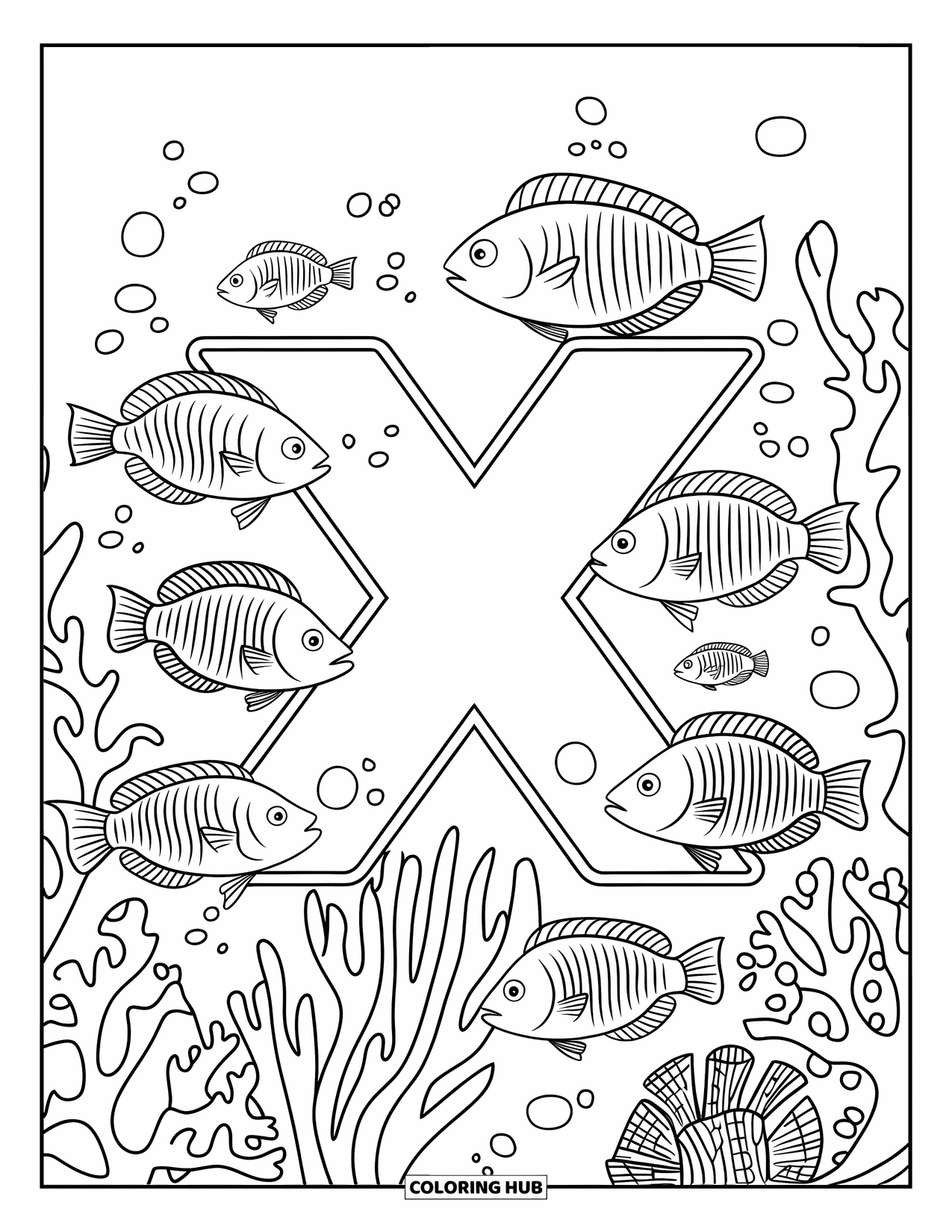 Letter X Coloring Page for Kids: X with X-ray fish swimming through coral and seaweed