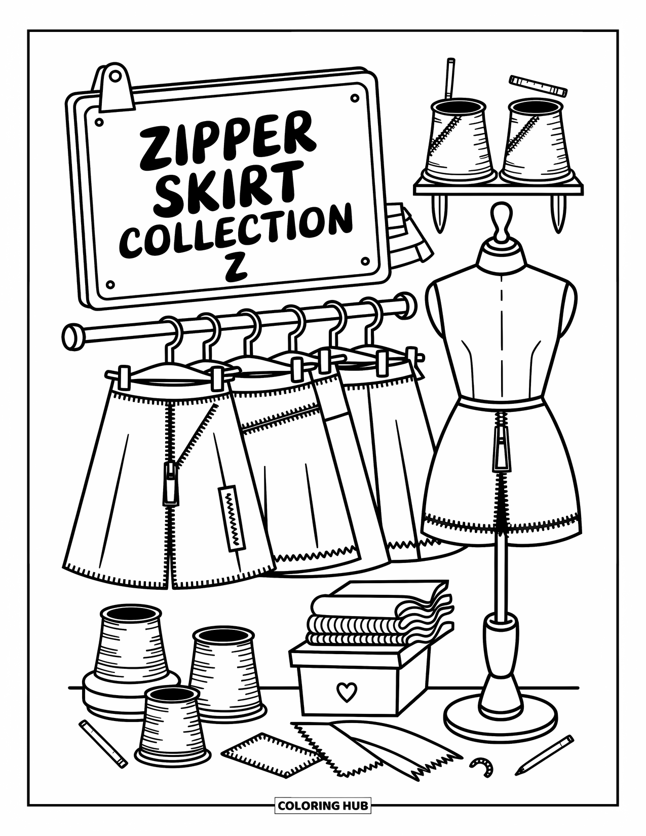 Letter Z Coloring Page for Adults: Mini fashion studio scene with Z, skirts, and cute zipper samples