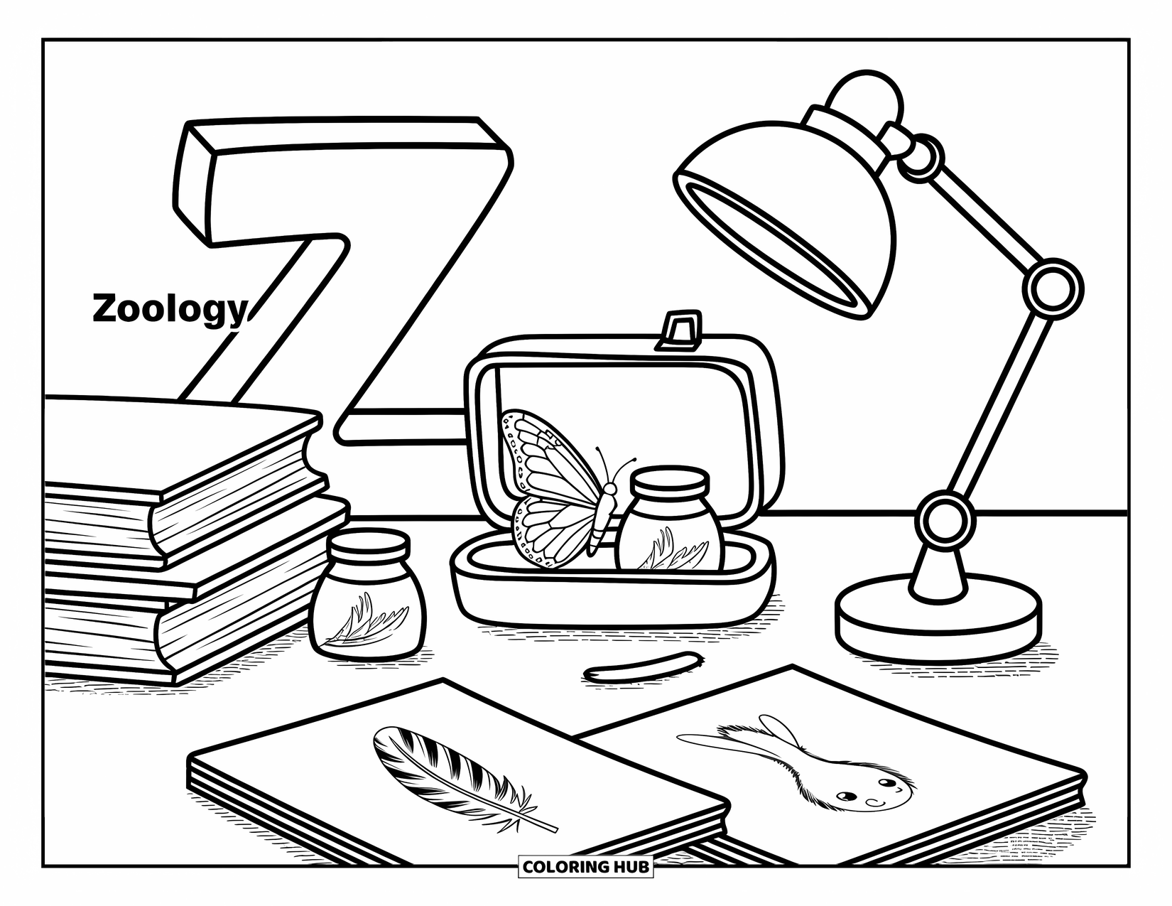 Letter Z Coloring Page for Adults: Z behind a zoology desk with jars and cute specimen doodles