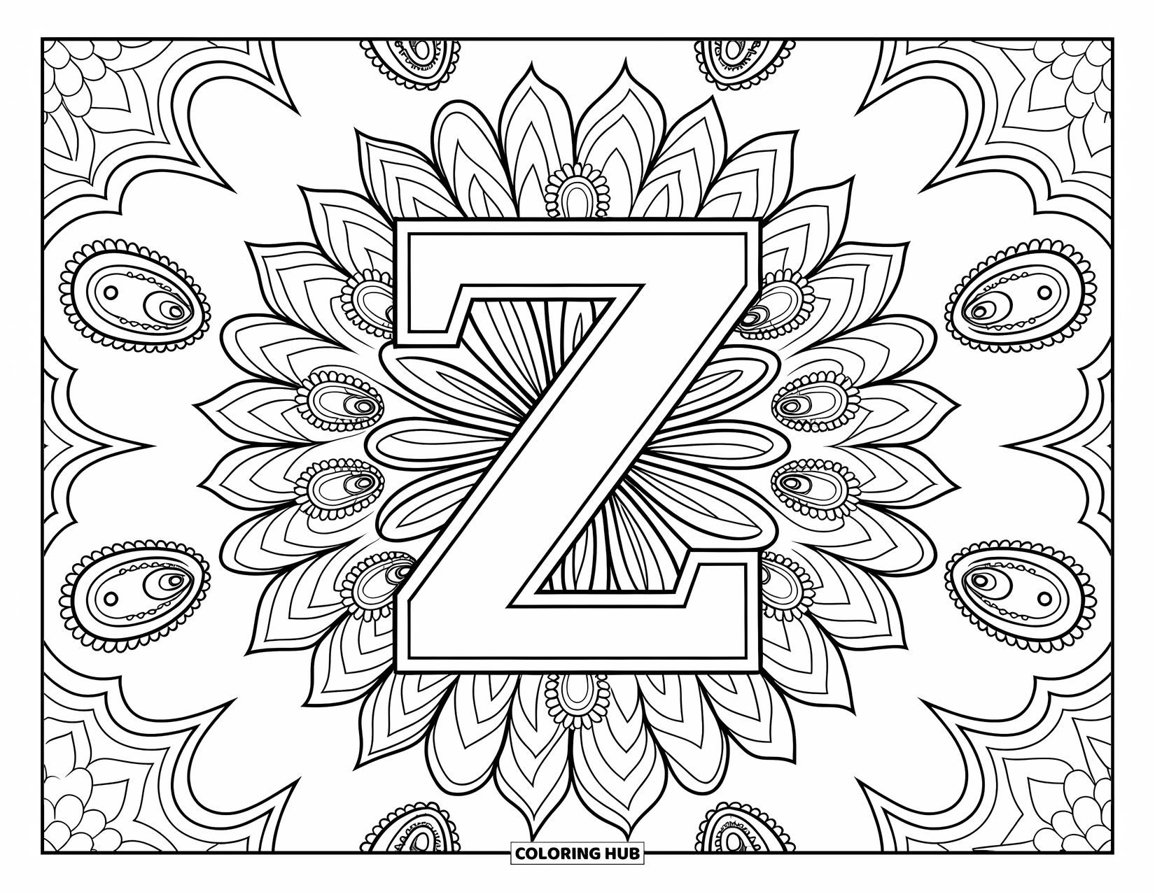 Letter Z Coloring Page for Adults: Z centered in a symmetrical kaleidoscope of petals and paisleys