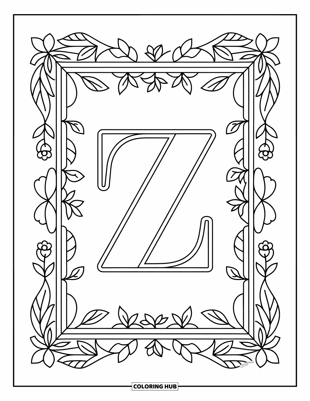 Letter Z Coloring Page for Adults: Z encircled by a border of leaves, florals, and zigzag shapes