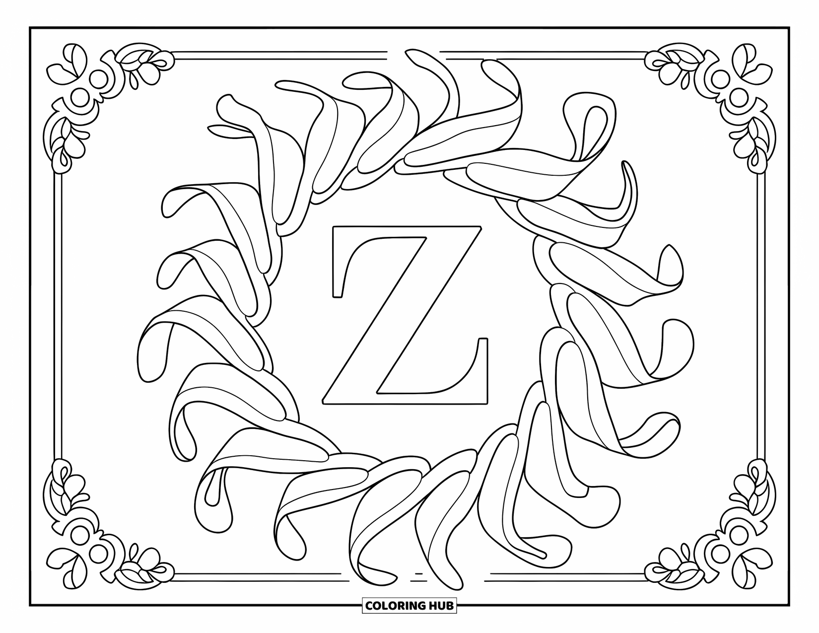 Letter Z Coloring Page for Adults: Z encircled by intertwined ribbon and floral mandala details