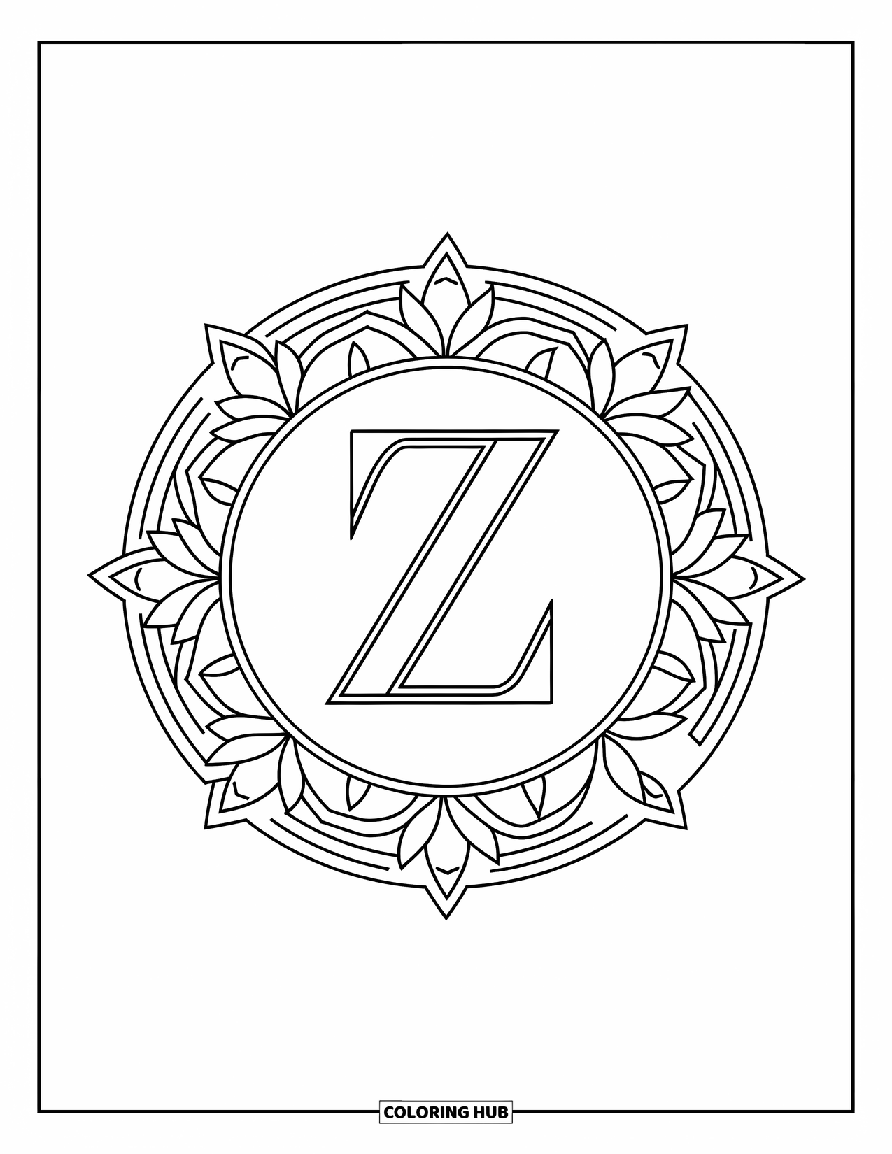 Letter Z Coloring Page for Adults: Z encircled by lotus flowers and detailed geometric designs