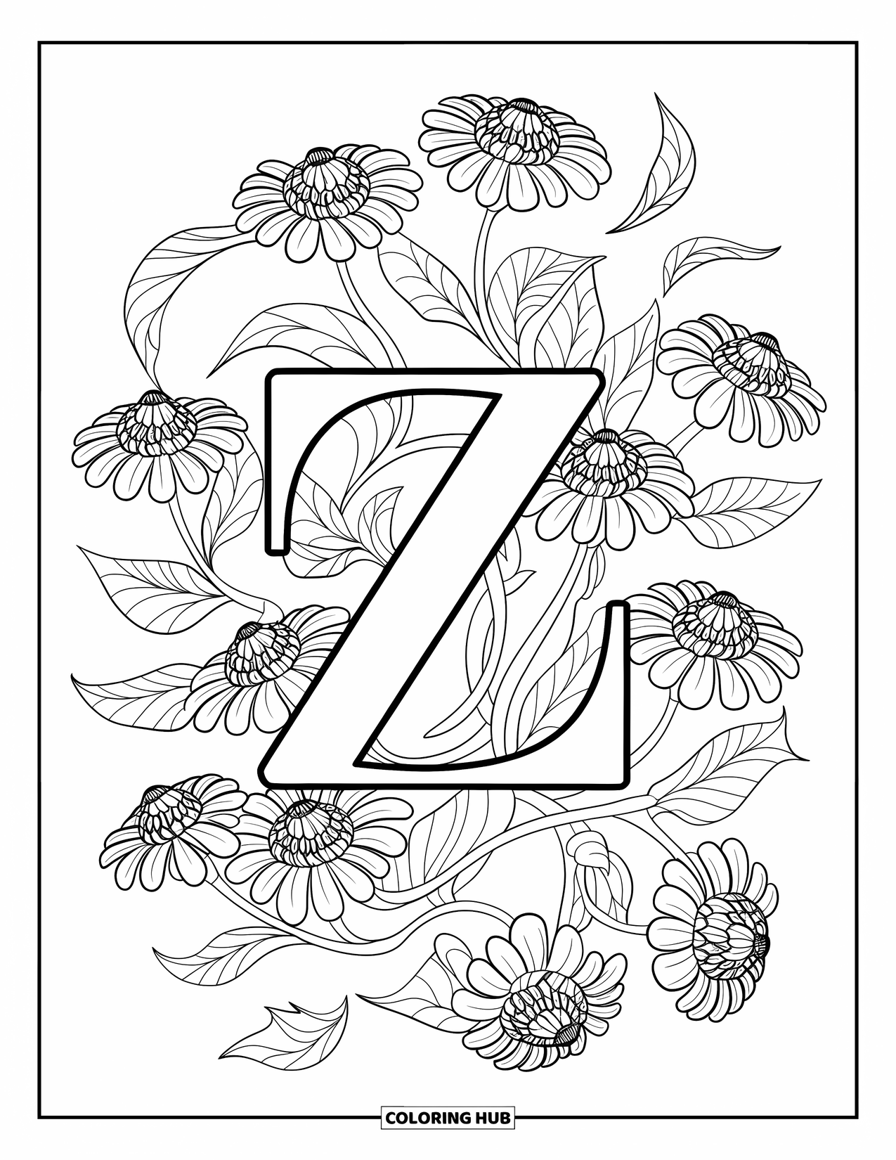 Letter Z Coloring Page for Adults: Z framed by zinnias and swirling vines in an elegant layout