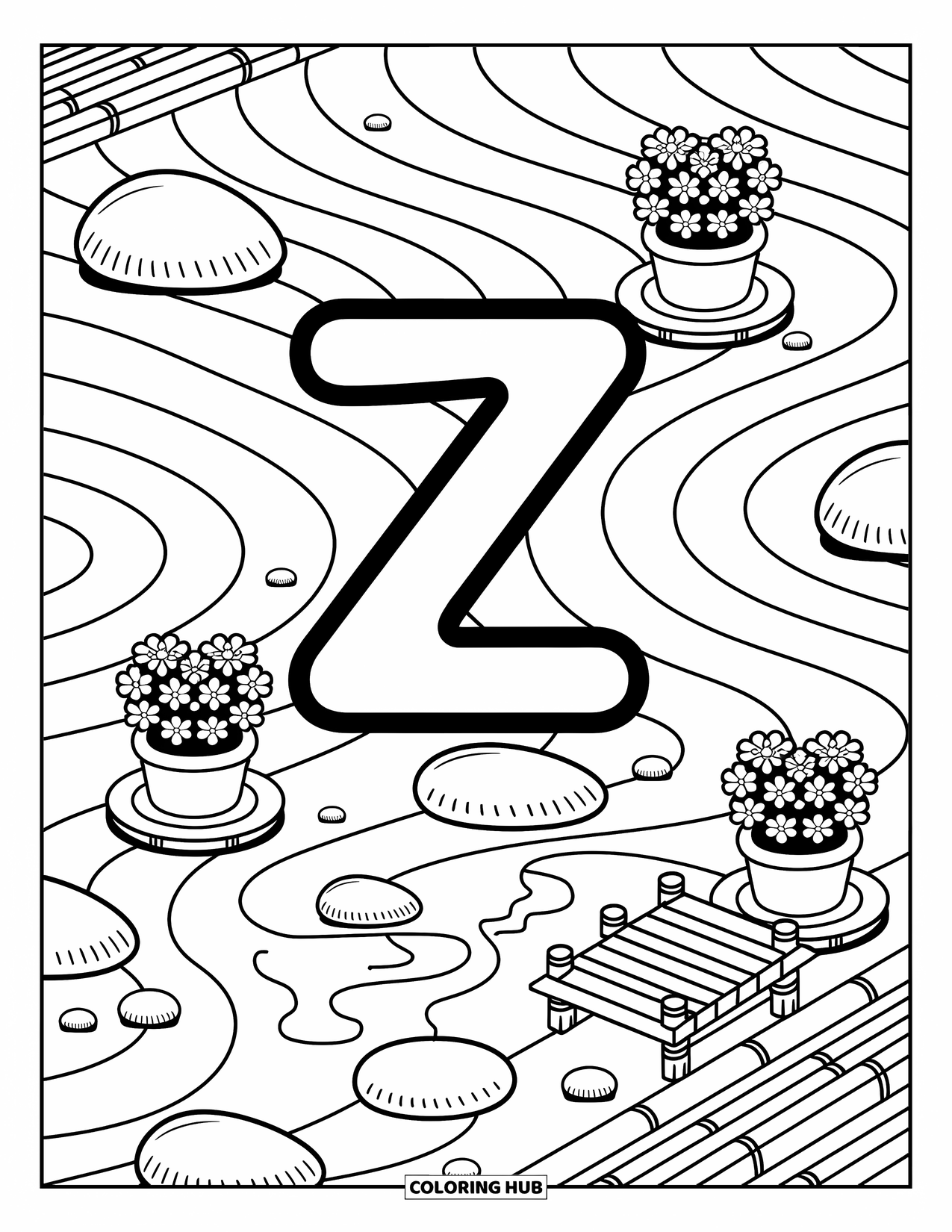 Letter Z Coloring Page for Adults: Z in a zen garden with zinnias, pebbles, and a mini bridge