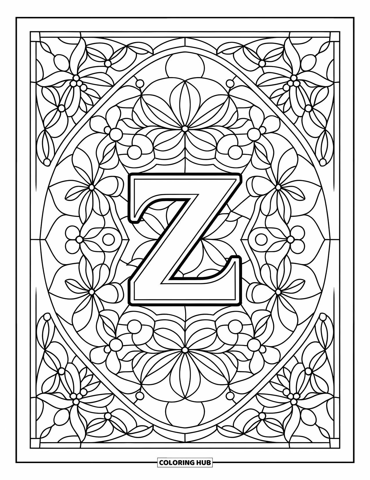 Letter Z Coloring Page for Adults: Z in the center of a floral stained glass-style mandala