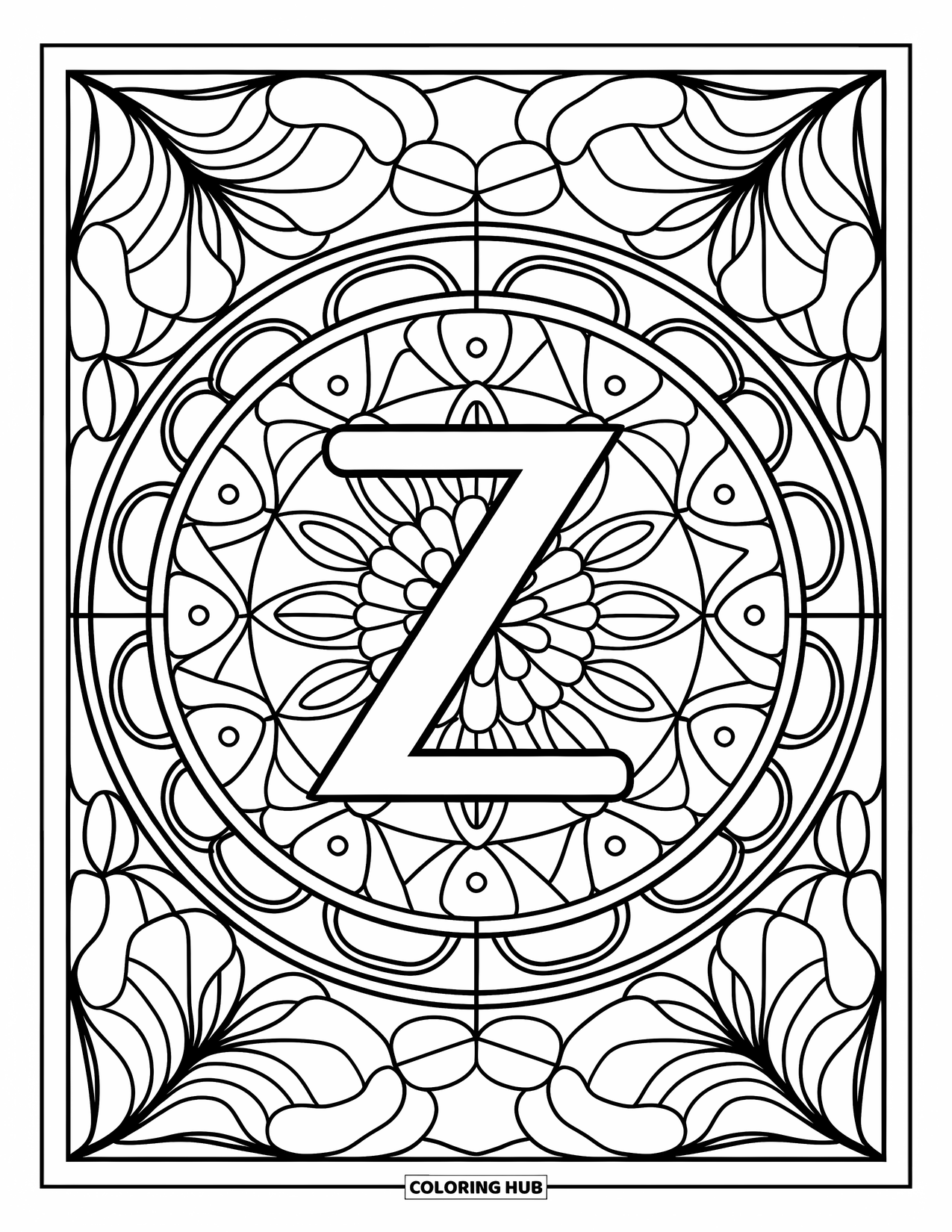 Letter Z Coloring Page for Adults: Z inside a circular floral mandala with stained glass details